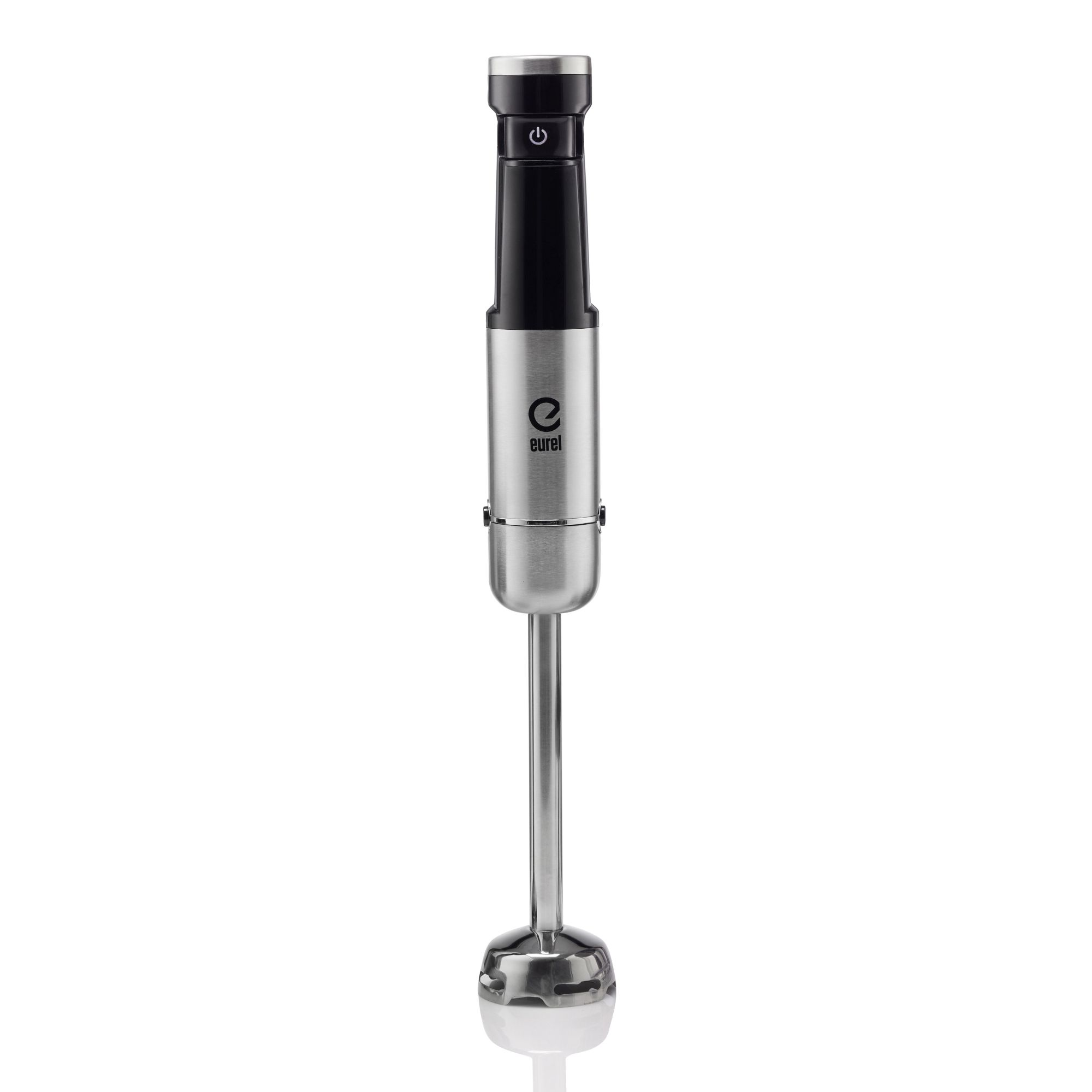 Silber-schwarzer Stabmixer, isoliert auf Weiß. Eurel-Logo auf dem Gehäuse sichtbar.