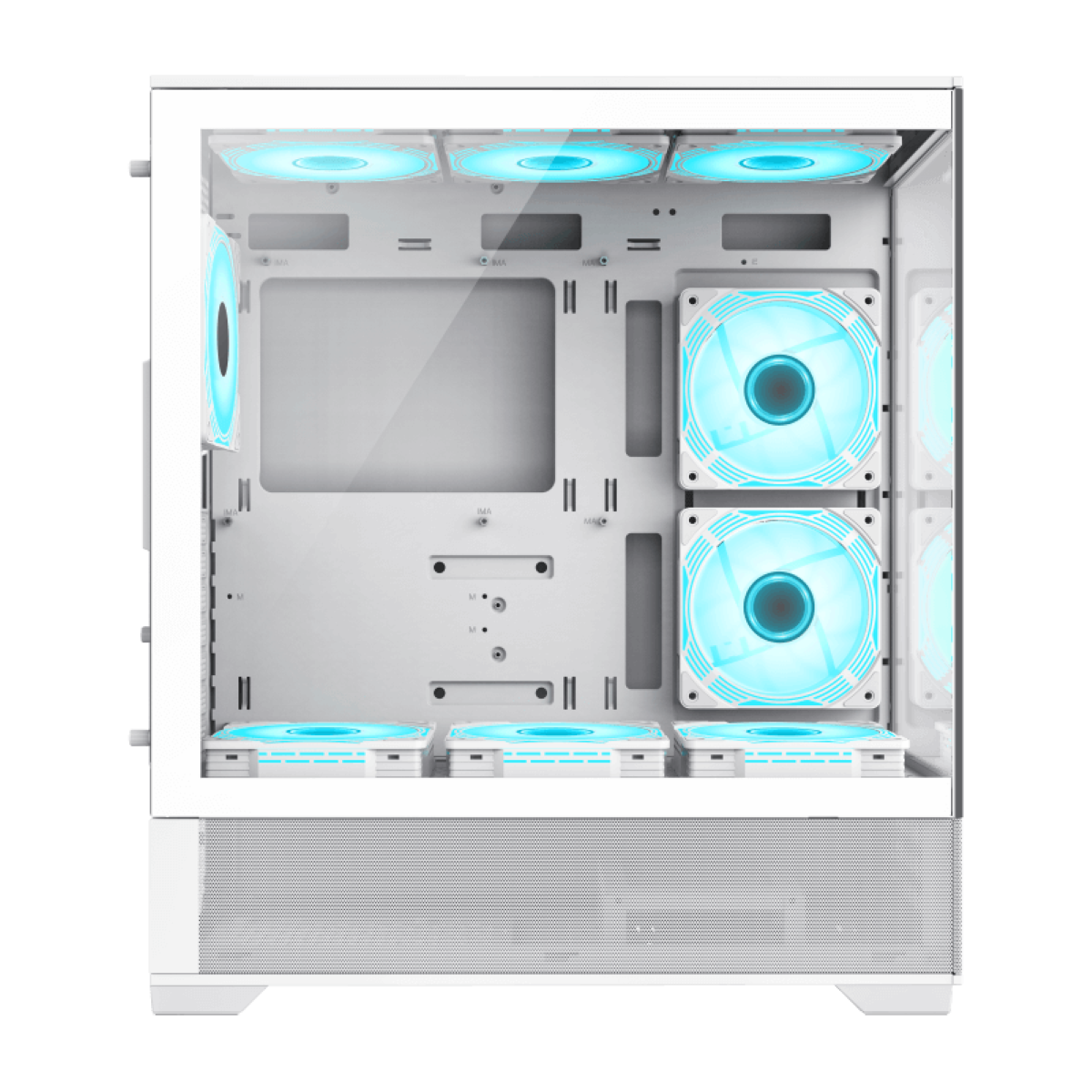 Ein weißes Computergehäuse mit mehreren Lüftern im Inneren. Die Lüfter haben ein blaues Leuchten.