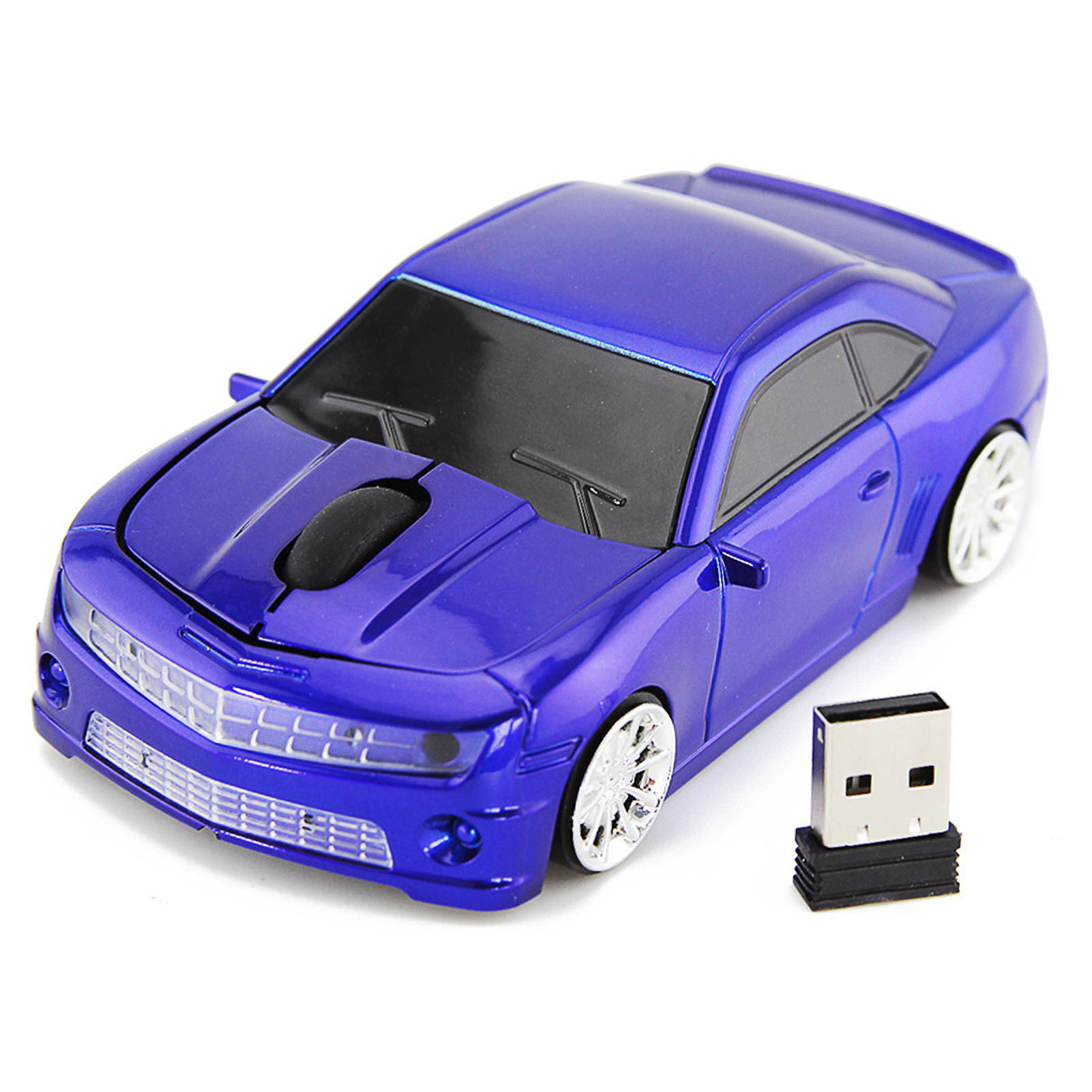 Blaues, autoähnliches Computermaus mit USB-Empfänger.