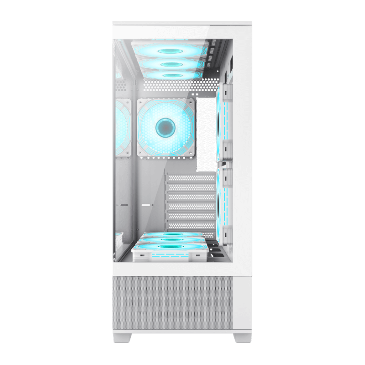 Ein weißes Computergehäuse mit Glasplatte, das Lüfter mit blauen Lichtern zeigt.