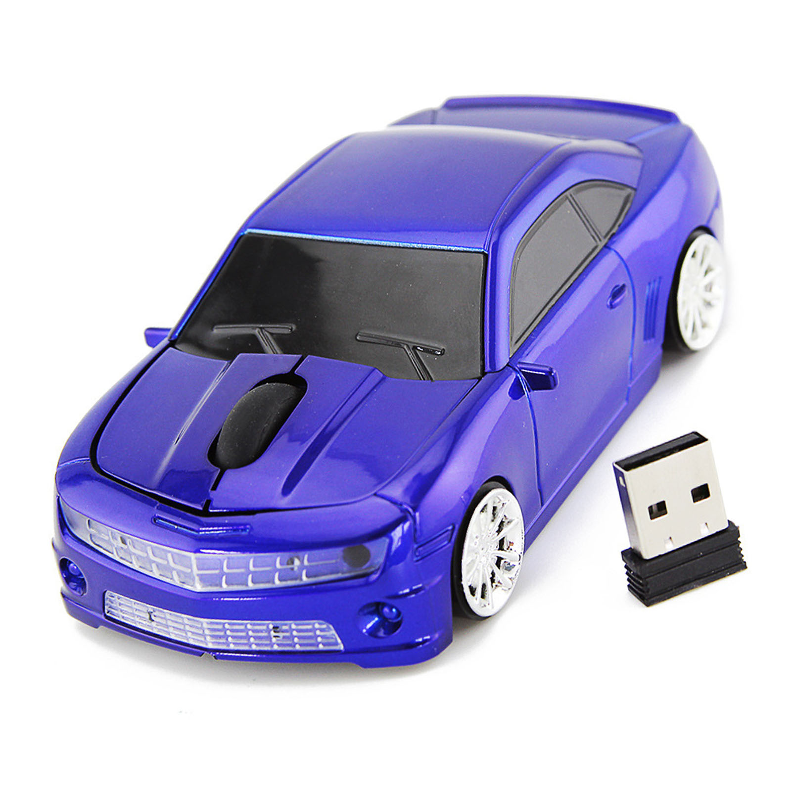 Eine blaue Spielzeugauto-Maus in Form eines Autos mit einem USB-Empfänger.