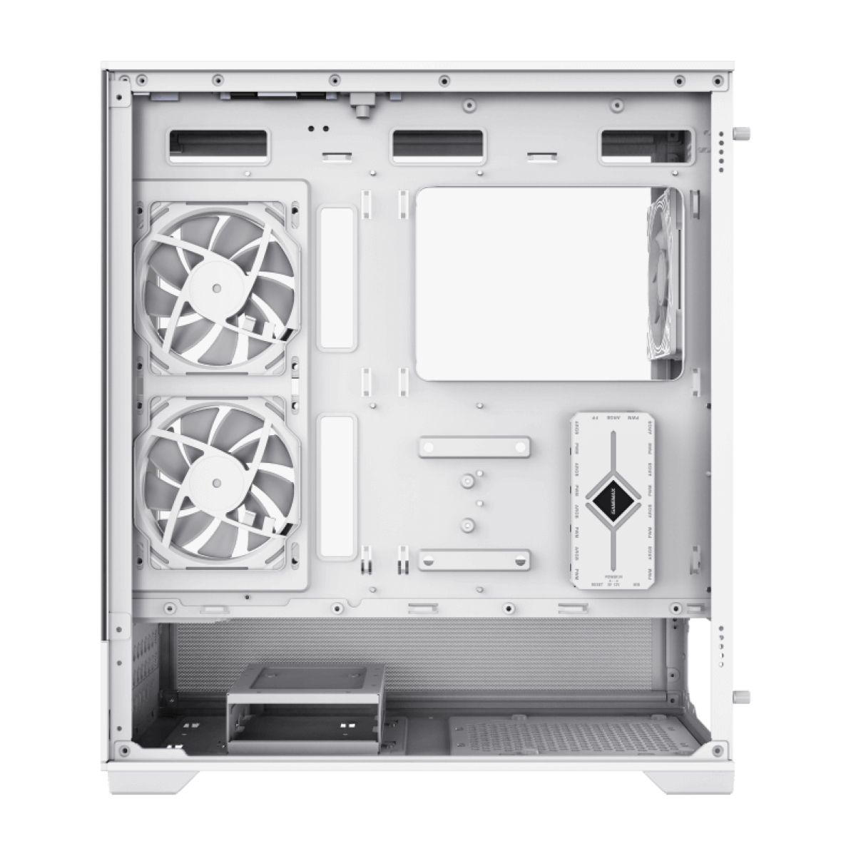 Weißes PC-Gehäuse-Interieur mit Lüftern und Komponentenbereichen.