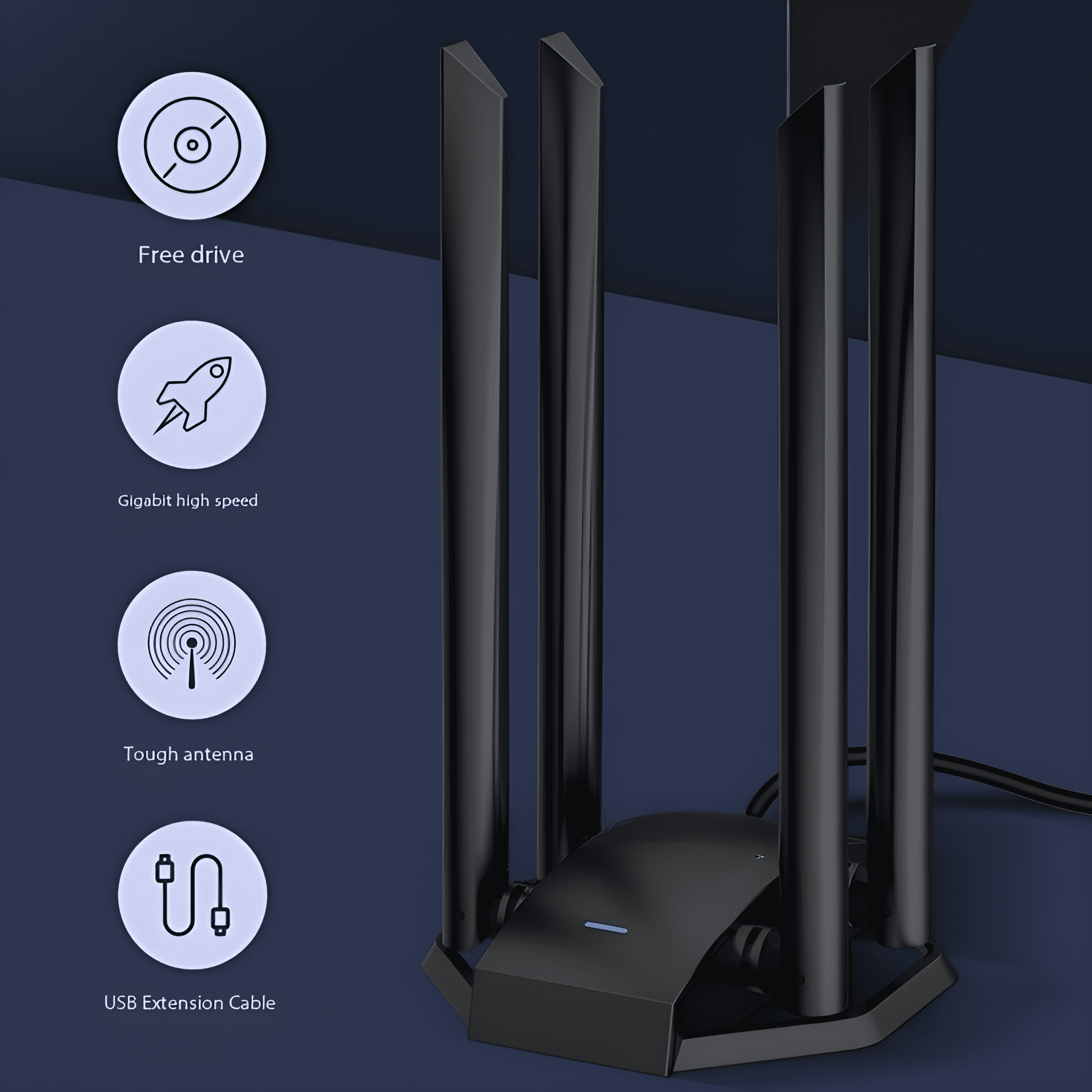 Schwarzer Router mit vier Antennen und Symbolen für Free Drive, High Speed usw.