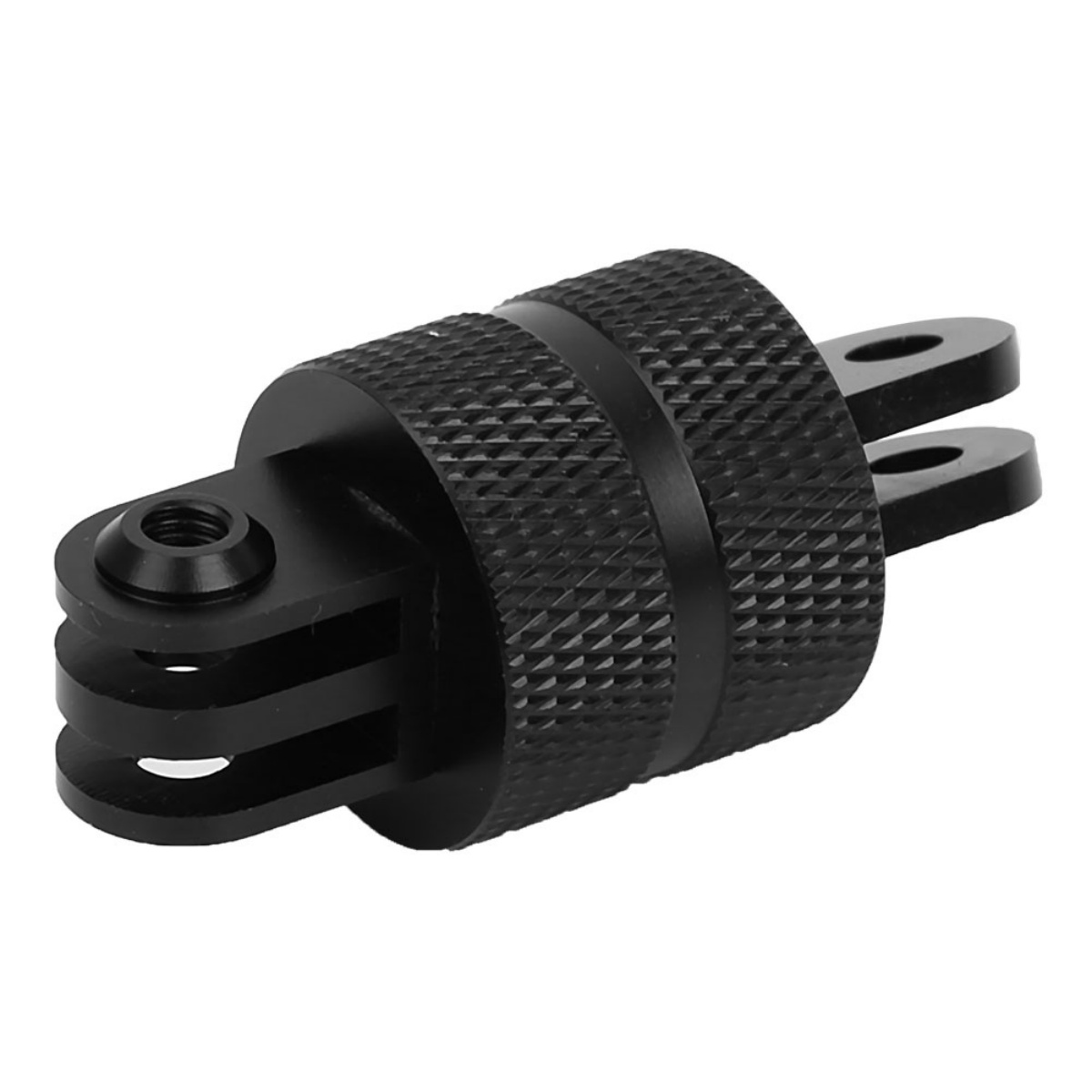 Schwarzer Adapter für Action-Kamera. Hat zwei Befestigungspunkte. Gerändelter Griff.