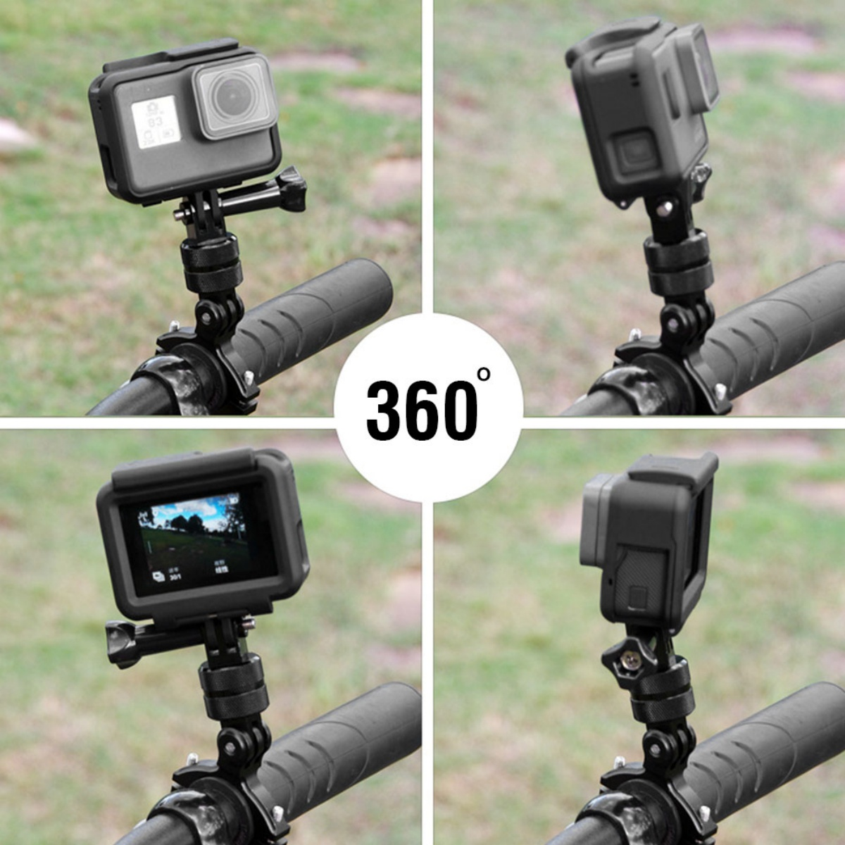 Vier Ansichten einer schwarzen Action-Kamera an einem Lenker. Das Display zeigt die Zeit und eine 360°-Grafik.