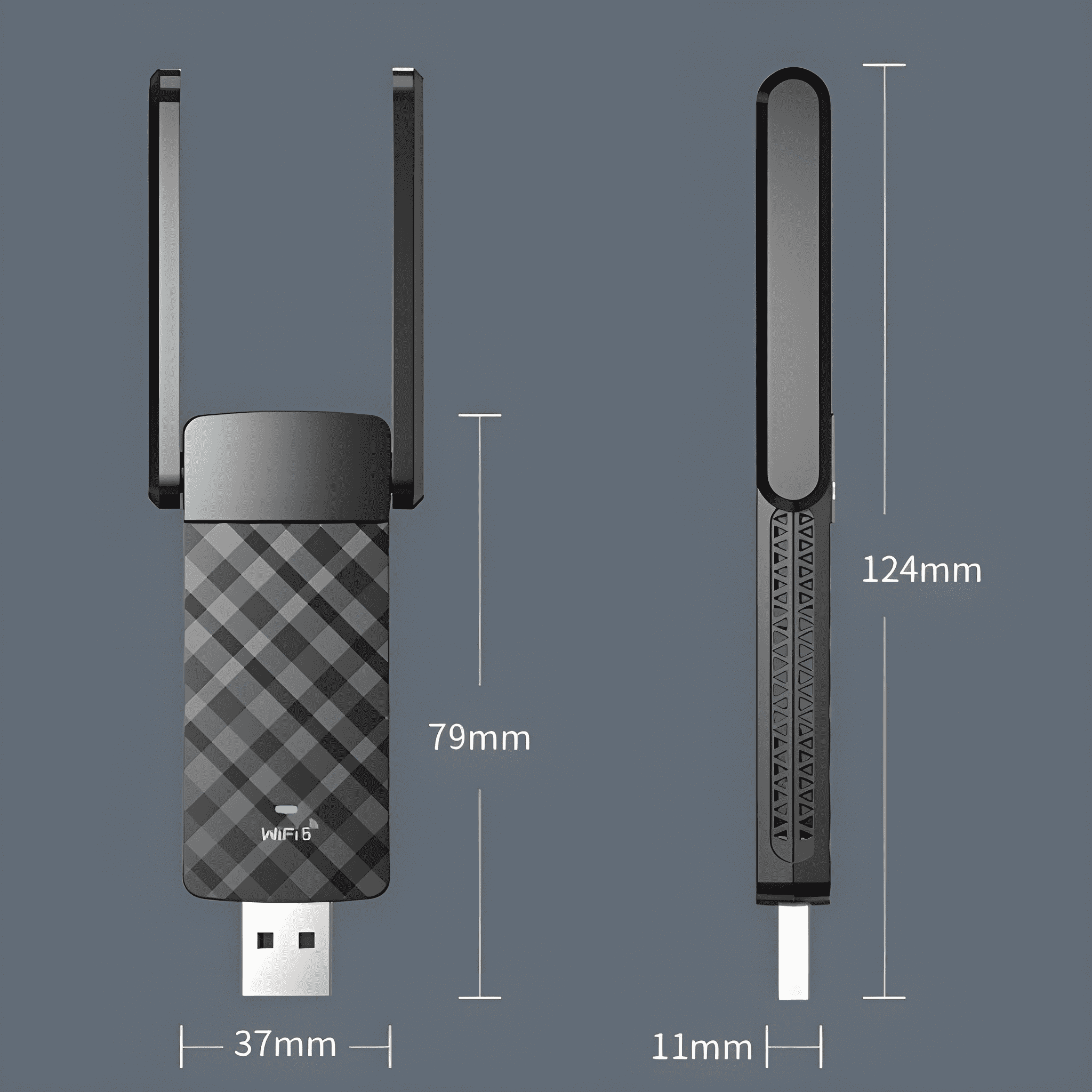 Ein WLAN-USB-Adapter mit zwei Antennen, Abmessungen angegeben. Der Text WiFi ist sichtbar.