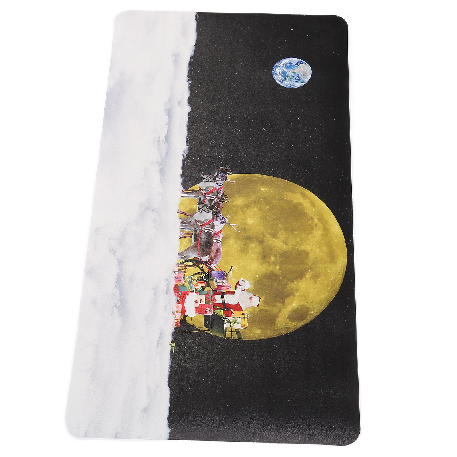 Weihnachtsgrafik mit Santa's Schlitten, der im Nachthimmel mit Mond und Erde fliegt.