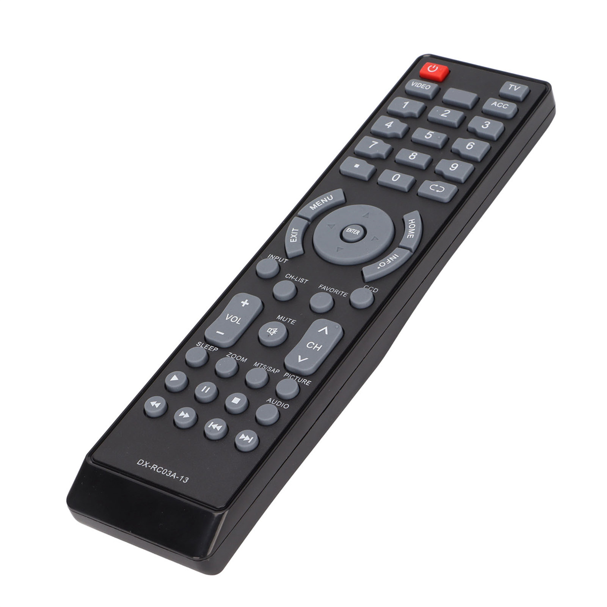 Eine schwarze TV-Fernbedienung mit vielen Knöpfen. Sie befindet sich auf weißem Hintergrund.