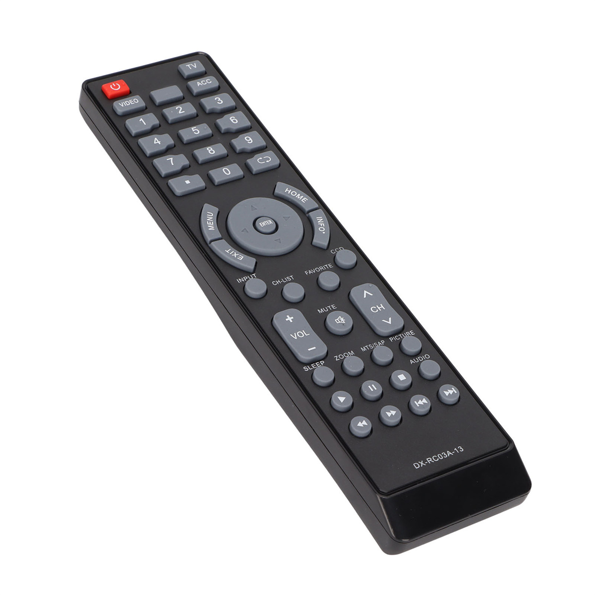 Eine schwarze TV-Fernbedienung mit mehreren Tasten. Die Tasten sind mit Zahlen und Funktionen beschriftet.