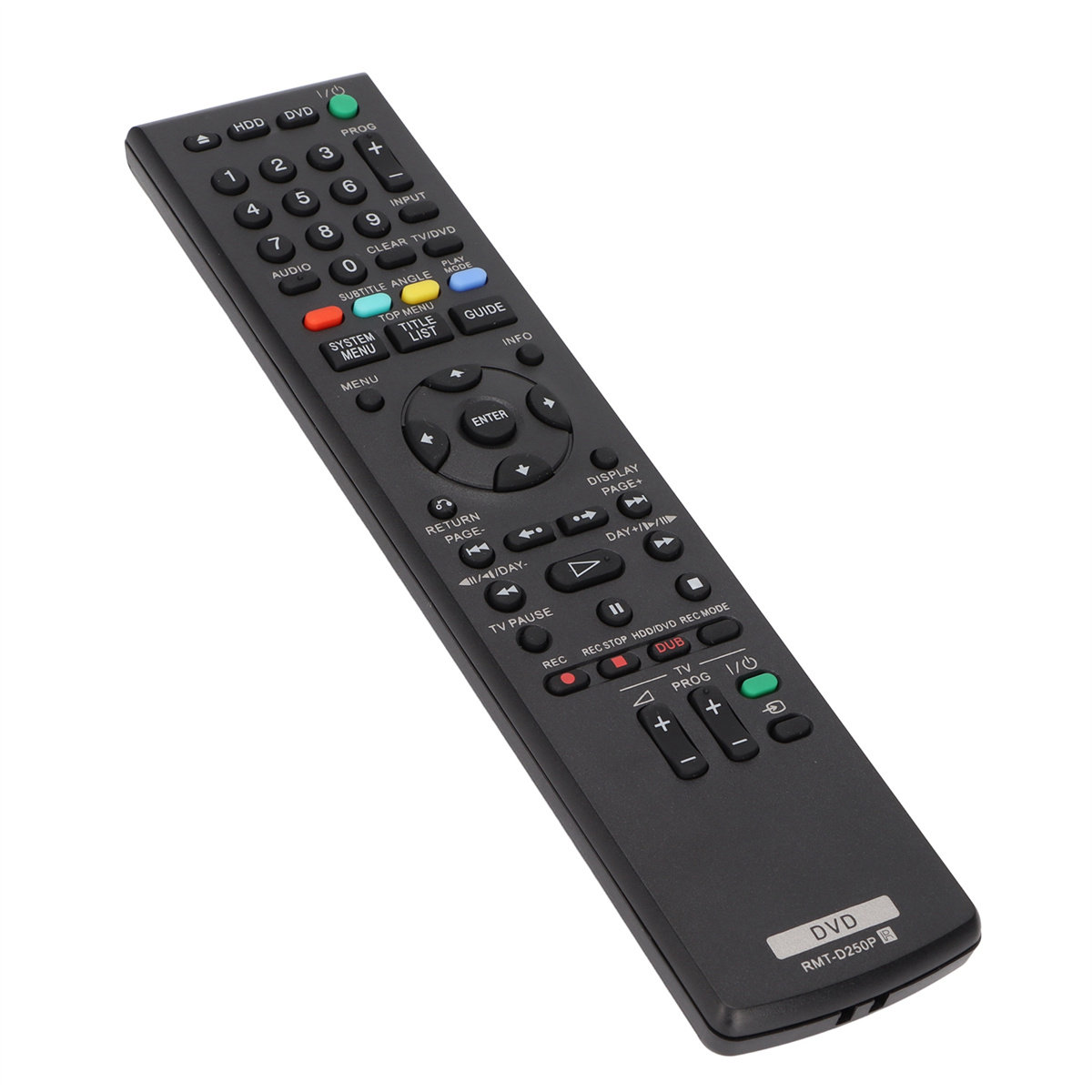 Schwarze DVD-Fernbedienung mit mehreren Tasten, schräge Ansicht.