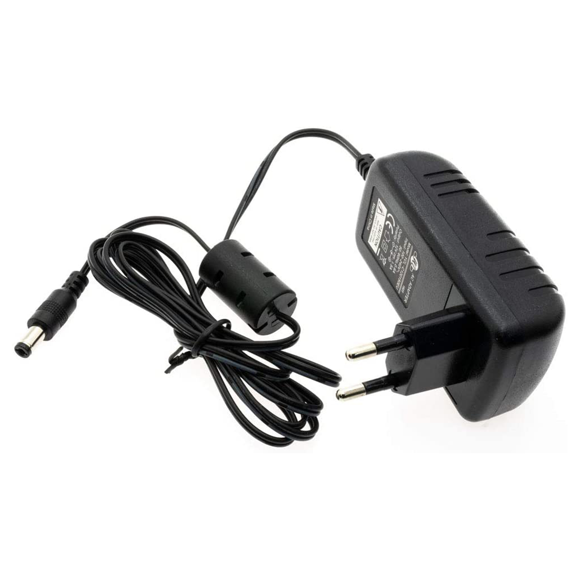 Schwarzes Netzteil mit Zweipolstecker und Kabel. Schwarzes Kabel mit rundem Stecker links.