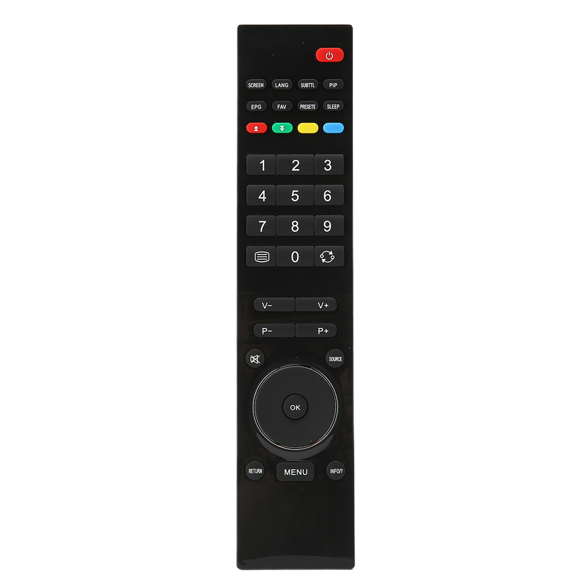 Eine schwarze Fernbedienung mit Tasten für TV-Funktionen. Sie hat eine Ein/Aus-Taste und Zahlen 1-9 und null.