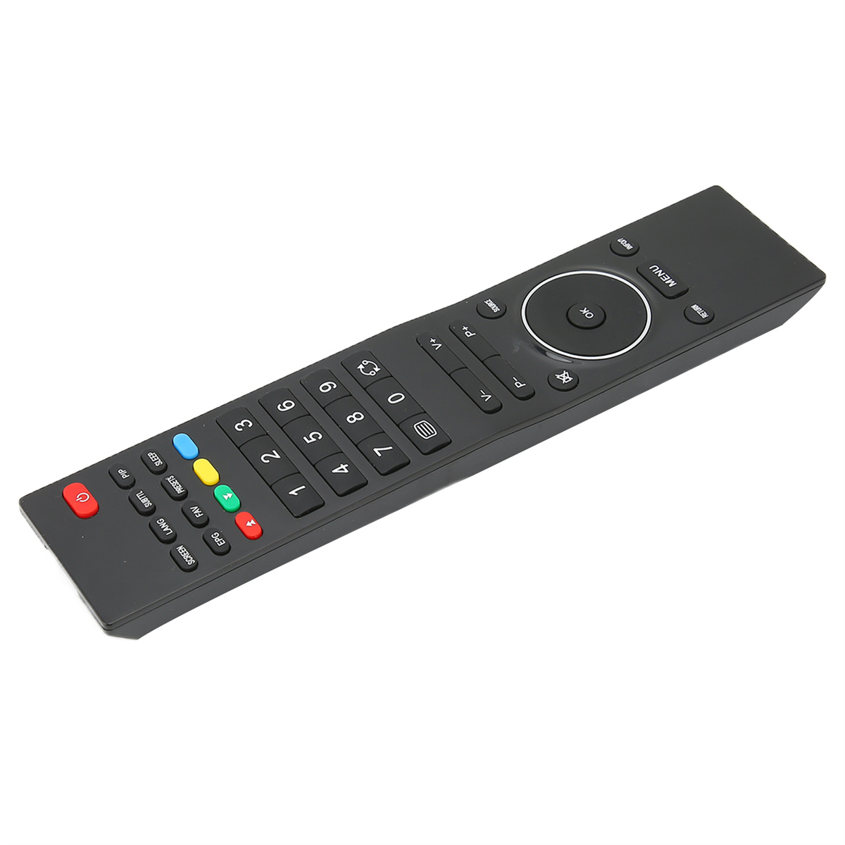 Schwarze TV-Fernbedienung mit Tasten und einem kreisförmigen Navigationsfeld.