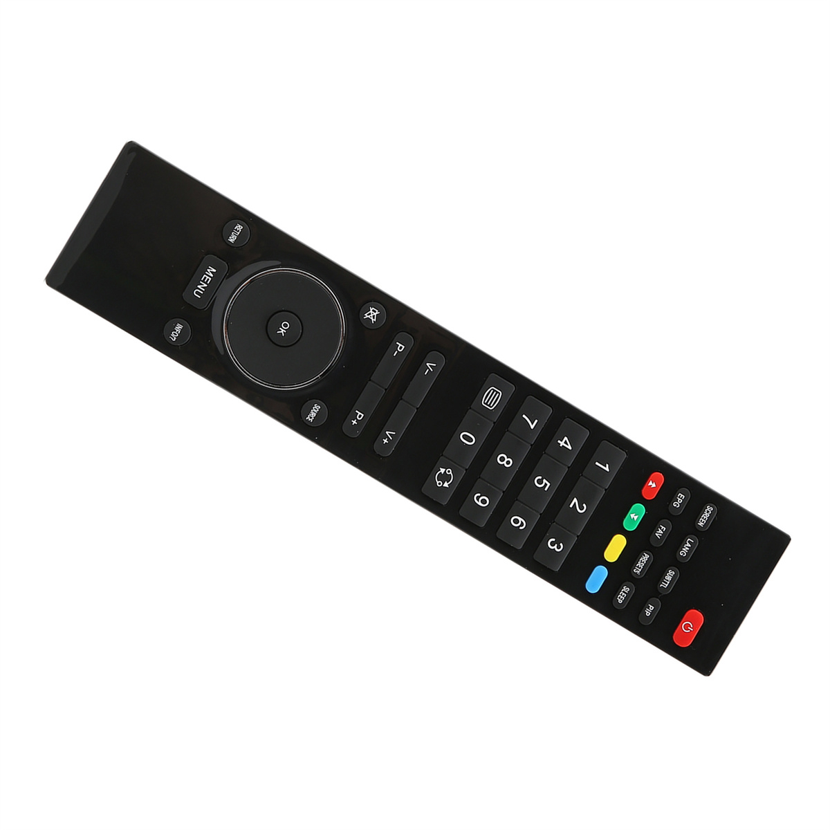 Schwarze TV-Fernbedienung. Verfügt über verschiedene Tasten, darunter Zahlen, Menü, Lautstärke und Ein/Aus.