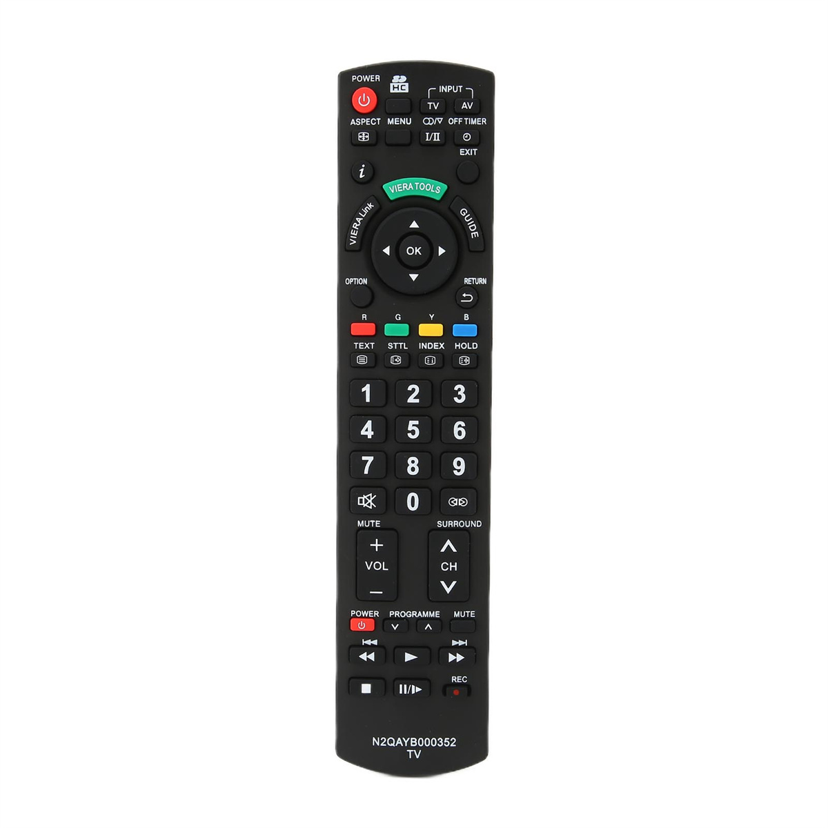 Eine schwarze TV-Fernbedienung mit verschiedenen Tasten, auf weißem Hintergrund.