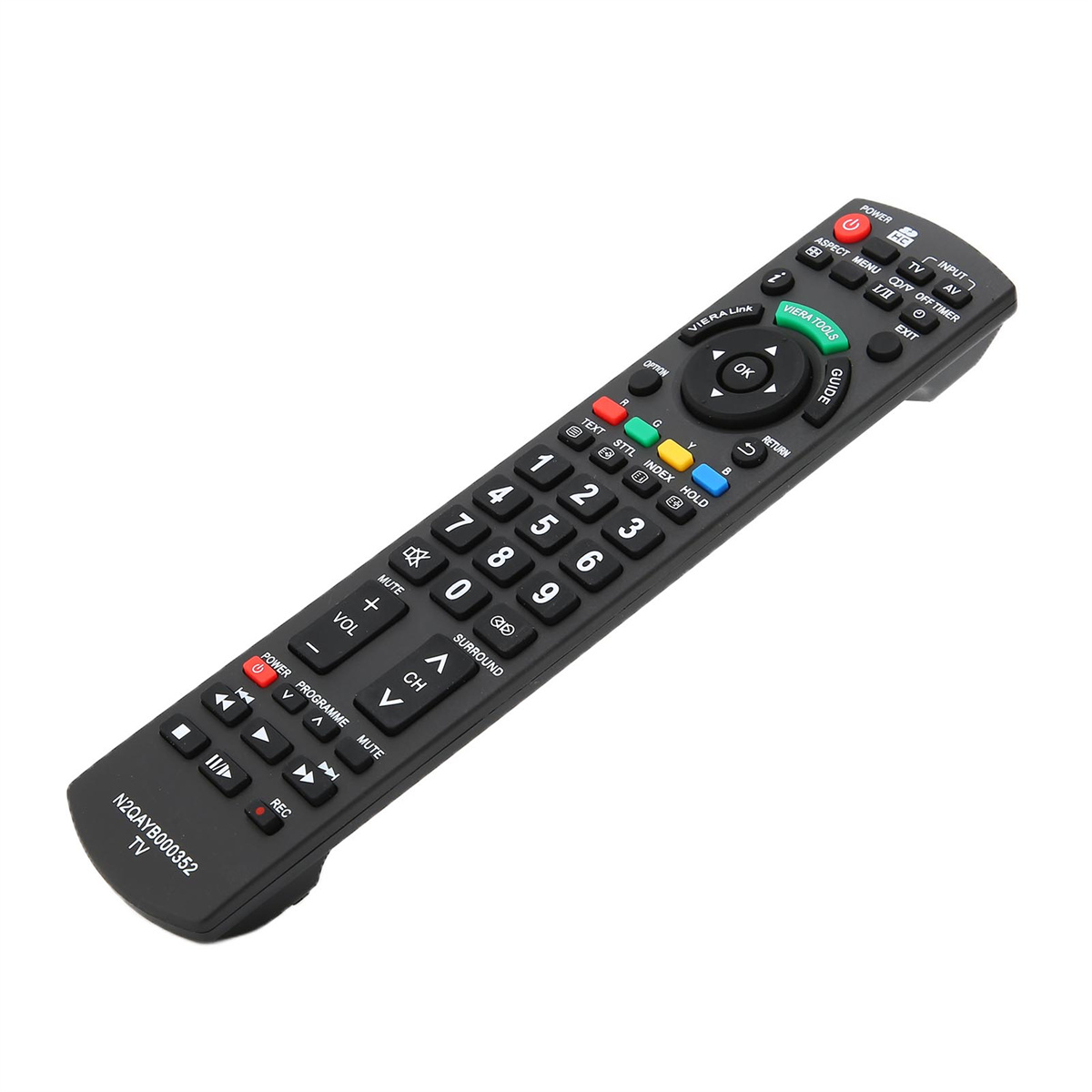 Schwarze TV-Fernbedienung mit verschiedenen Tasten für Strom, Menü und Kanäle.