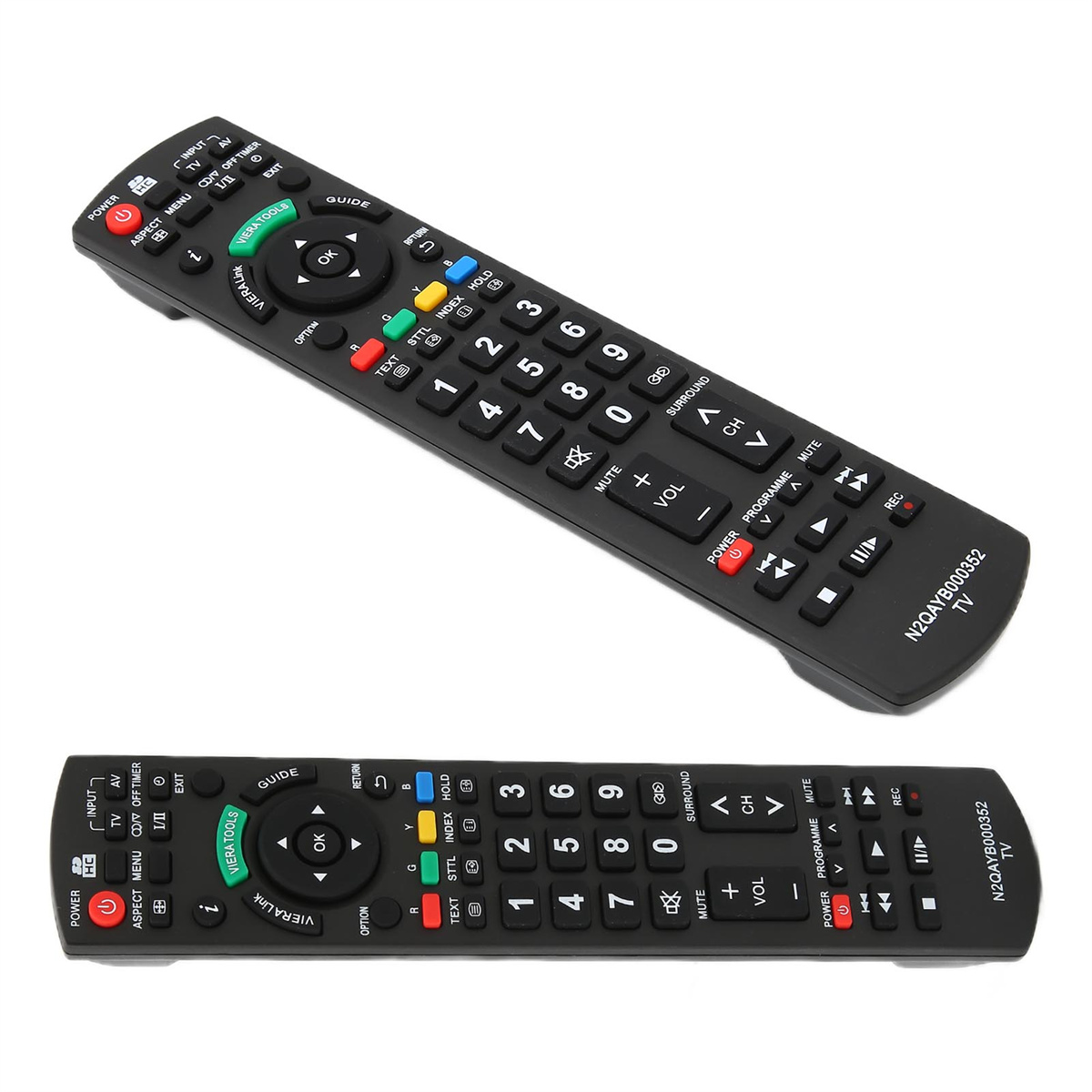 Zwei schwarze TV-Fernbedienungen mit vielen Tasten.