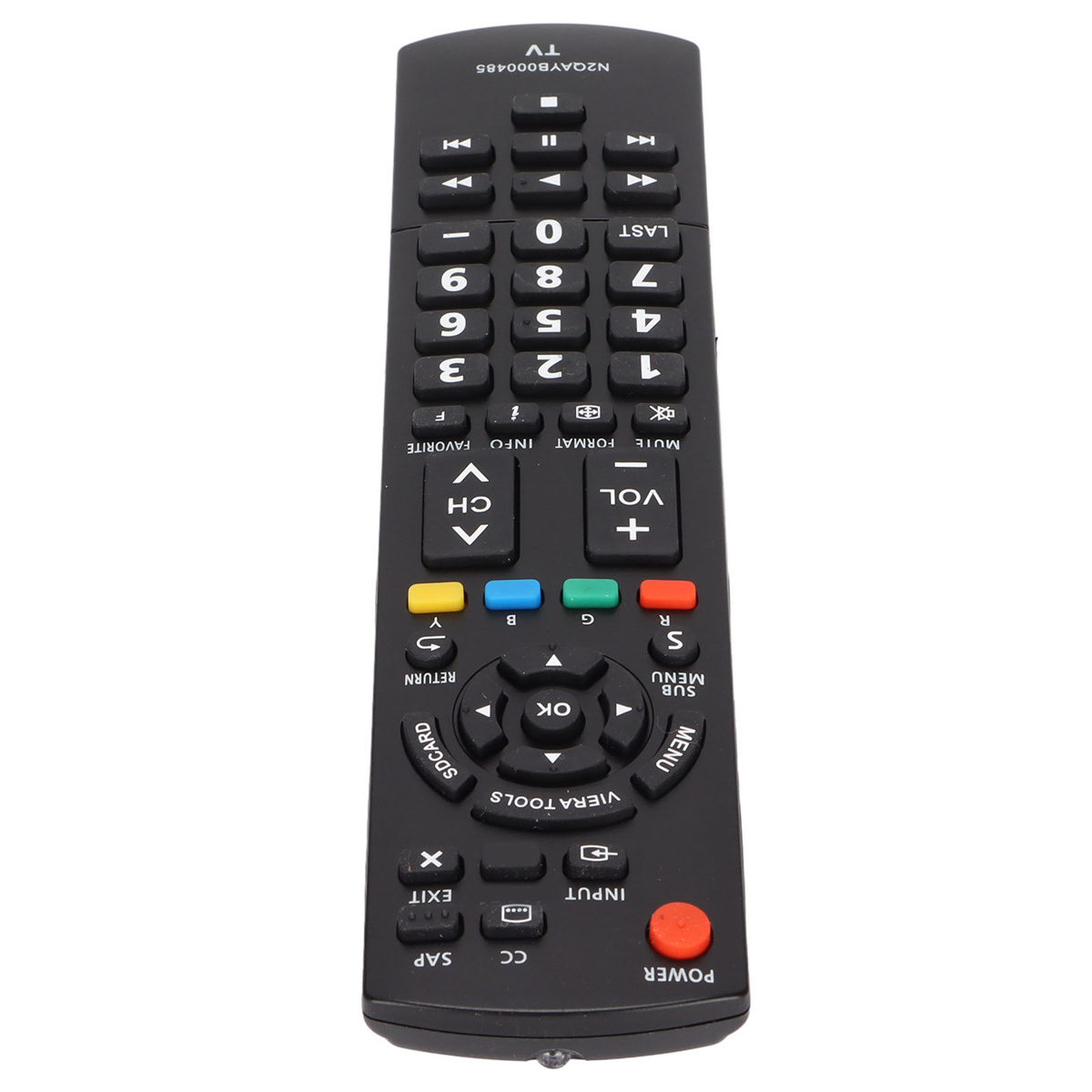 Schwarze TV-Fernbedienung mit vielen Tasten; schräge Ansicht.