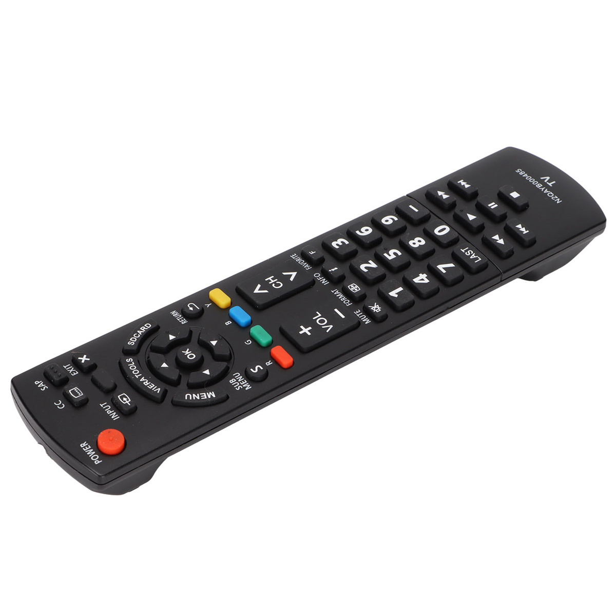 Schwarze TV-Fernbedienung mit vielen Tasten und geschwungenem Design. Isoliert auf weißem Hintergrund.