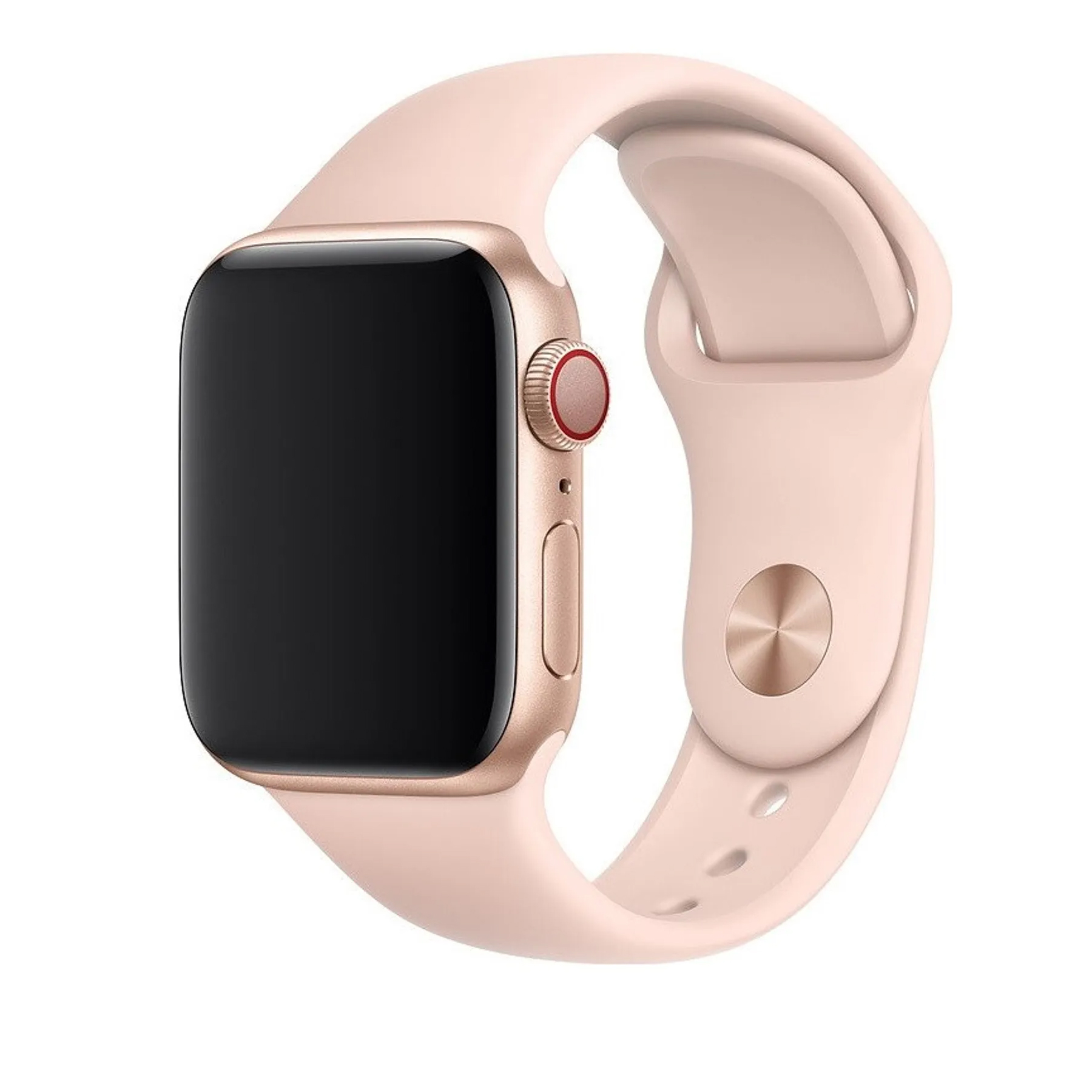 Rosafarbene Smartwatch mit schwarzem Bildschirm und rosafarbenem Armband.