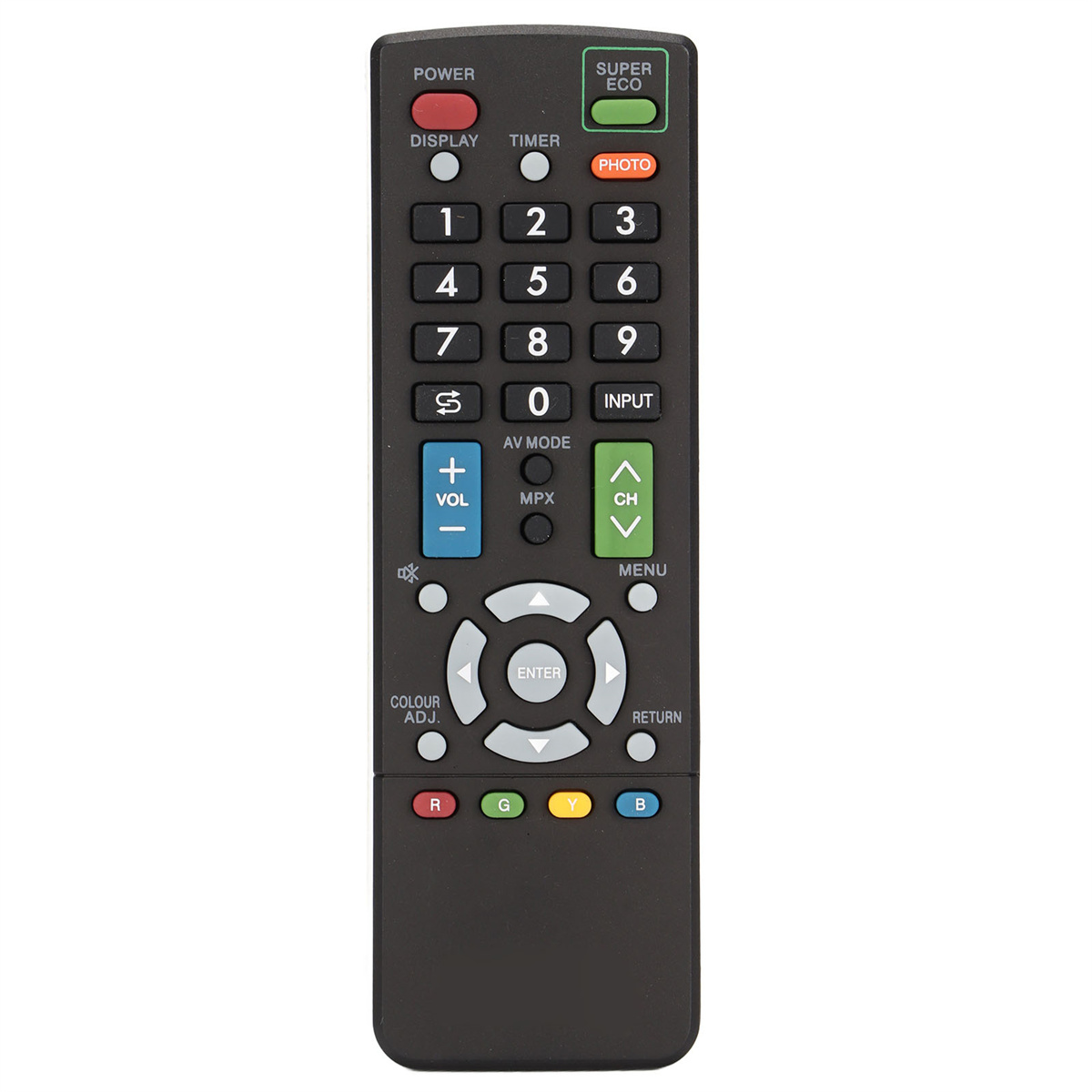 Schwarze TV-Fernbedienung mit mehreren Tasten, einschließlich Zahlen und Funktionstasten.