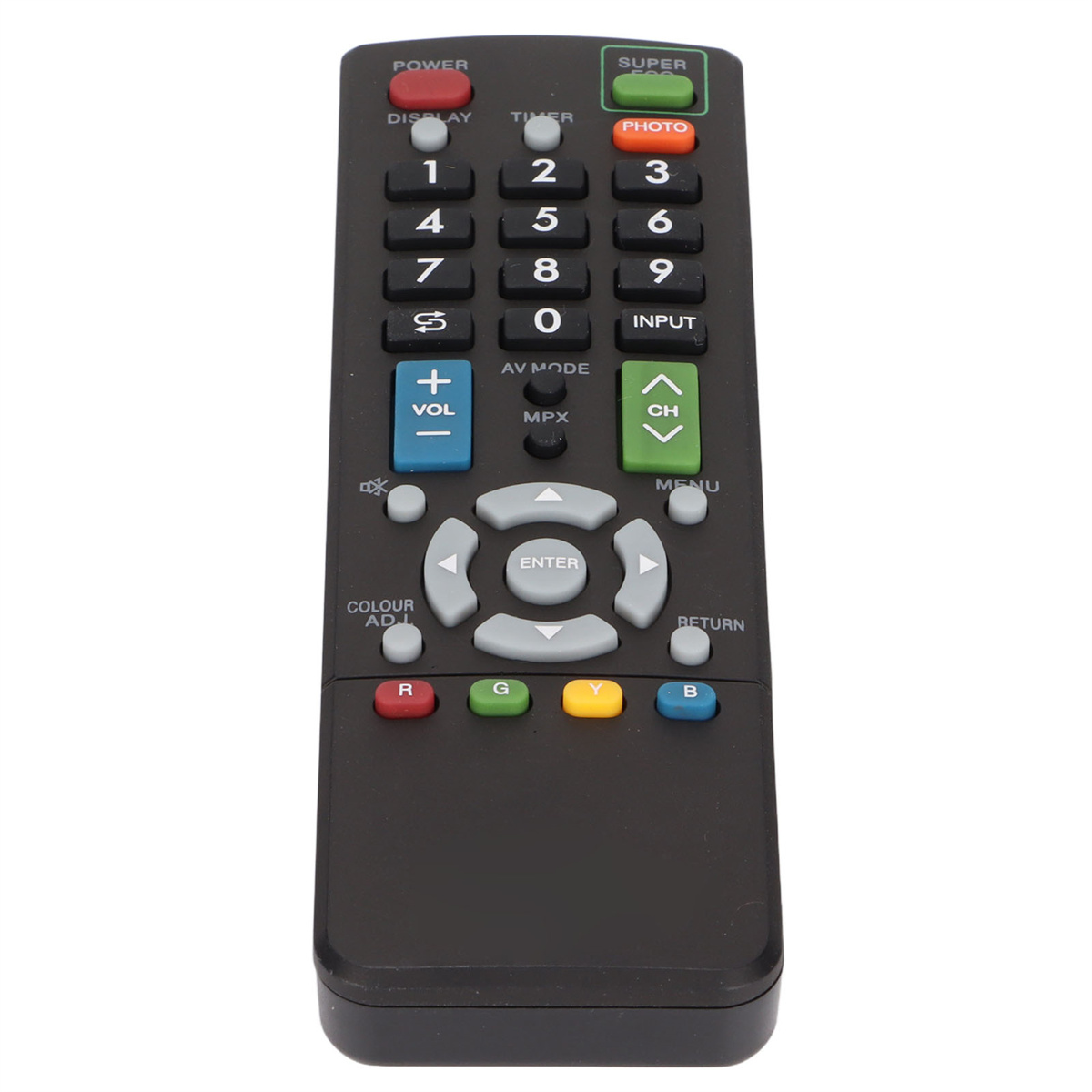Schwarze TV-Fernbedienung mit vielen Tasten. Rote, grüne, orange und blaue Farbtasten.
