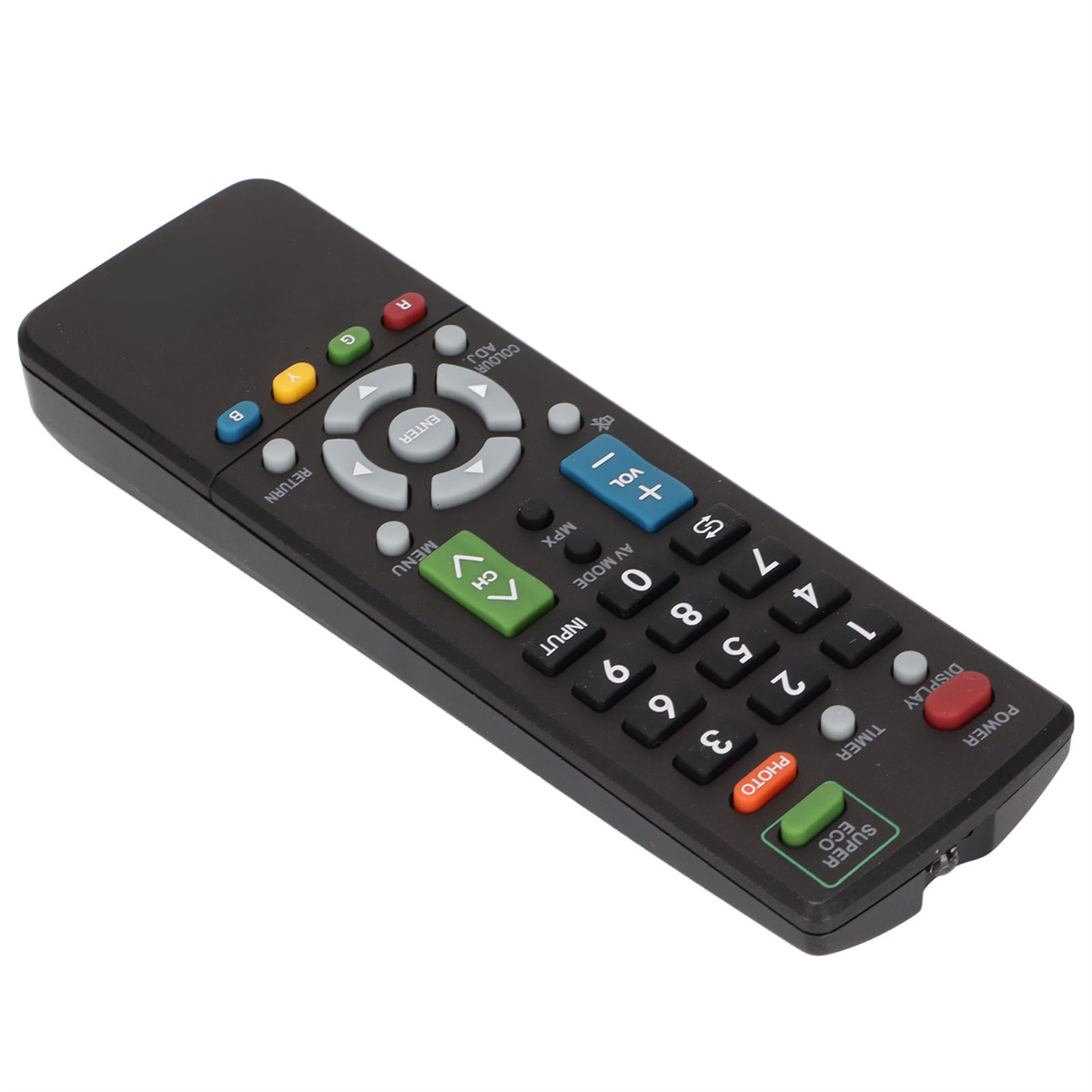 Schwarze TV-Fernbedienung mit vielen Tasten.