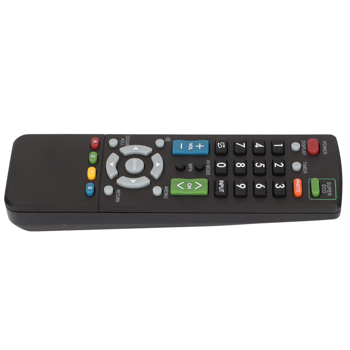 Eine schwarze TV-Fernbedienung mit mehreren Tasten, Beschriftungen und einem Satz numerischer Tasten.
