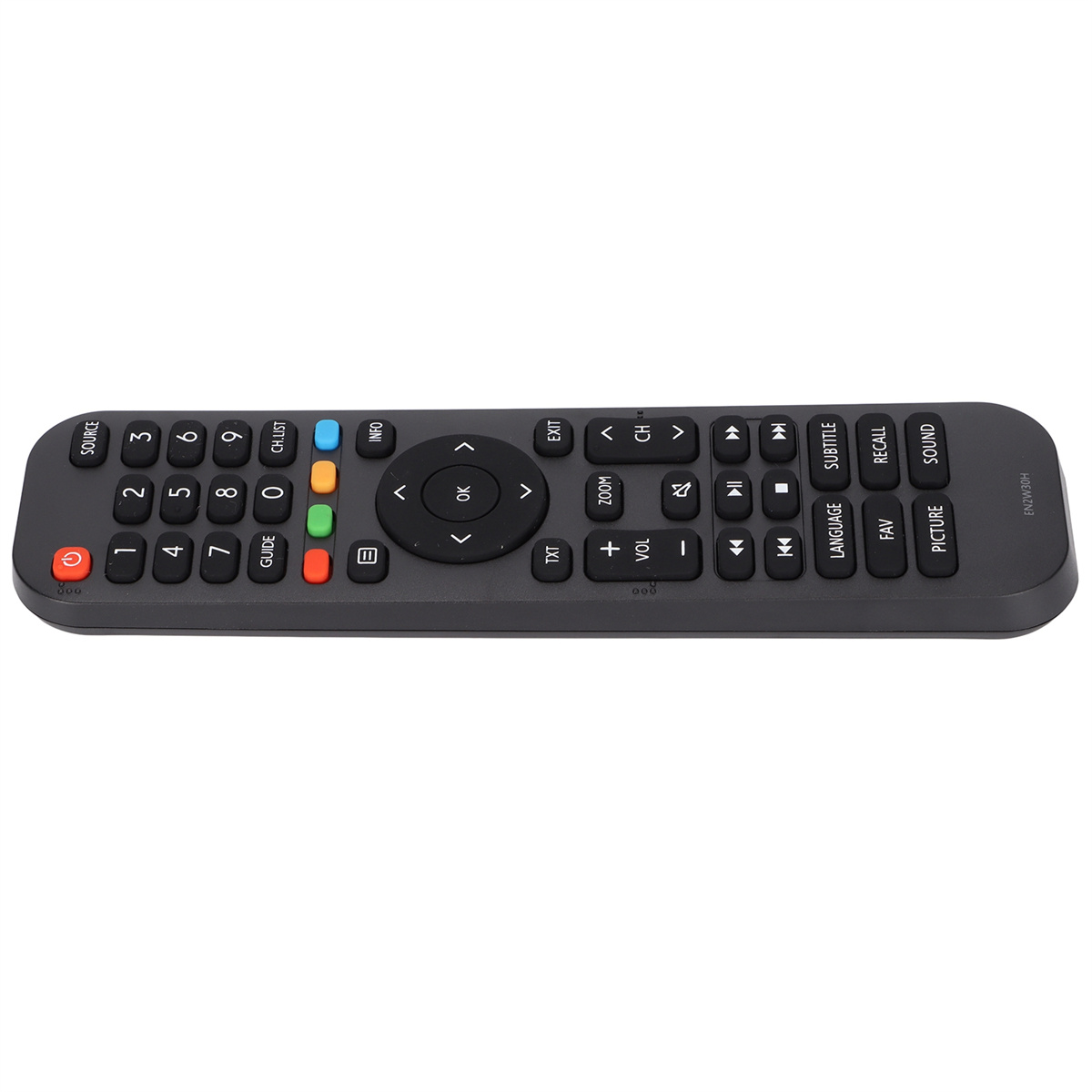 Eine schwarze TV-Fernbedienung mit mehreren Tasten, der Markenname ist nicht sichtbar.