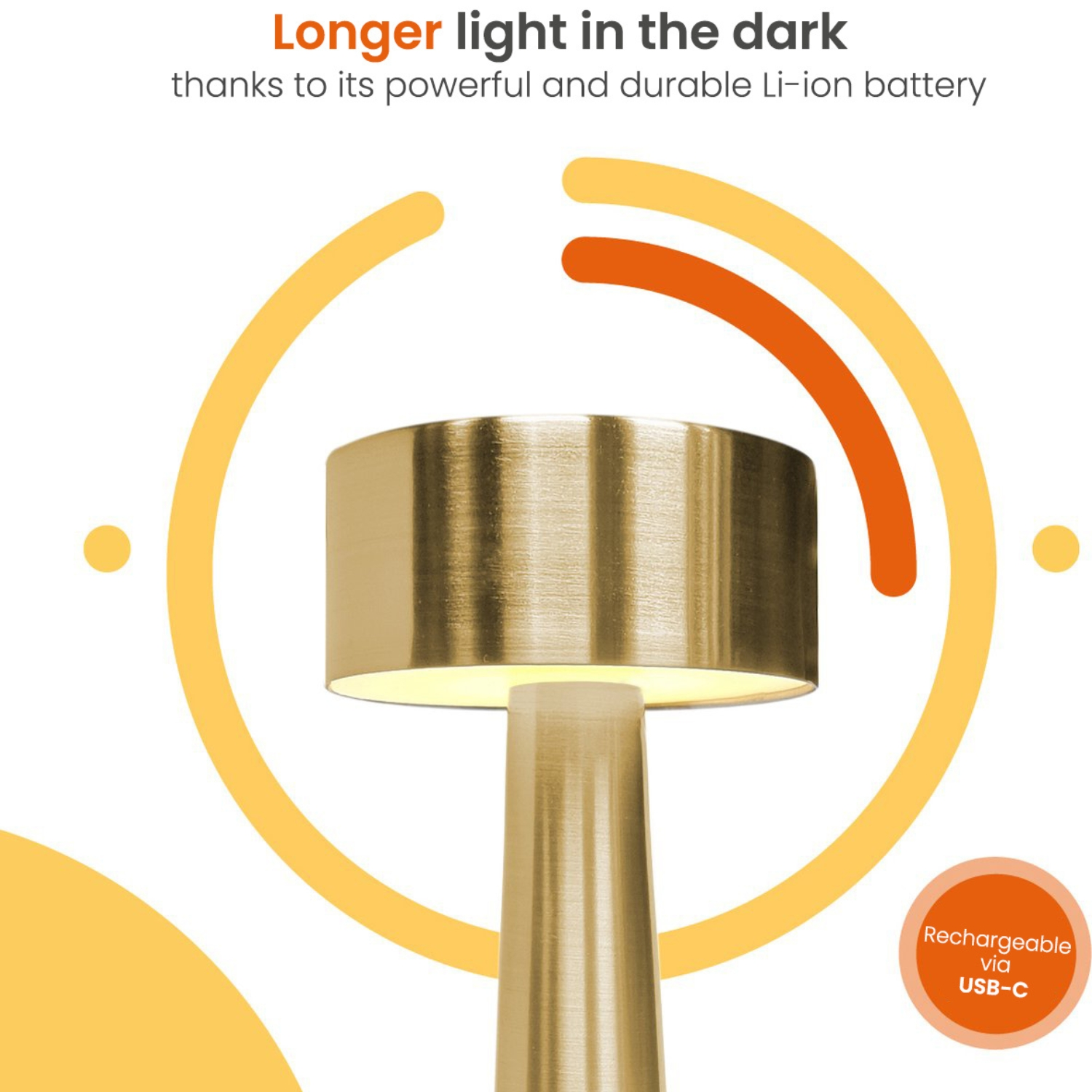 A golden table lamp with text: Longer light in the dark thanks to its powerful battery. 