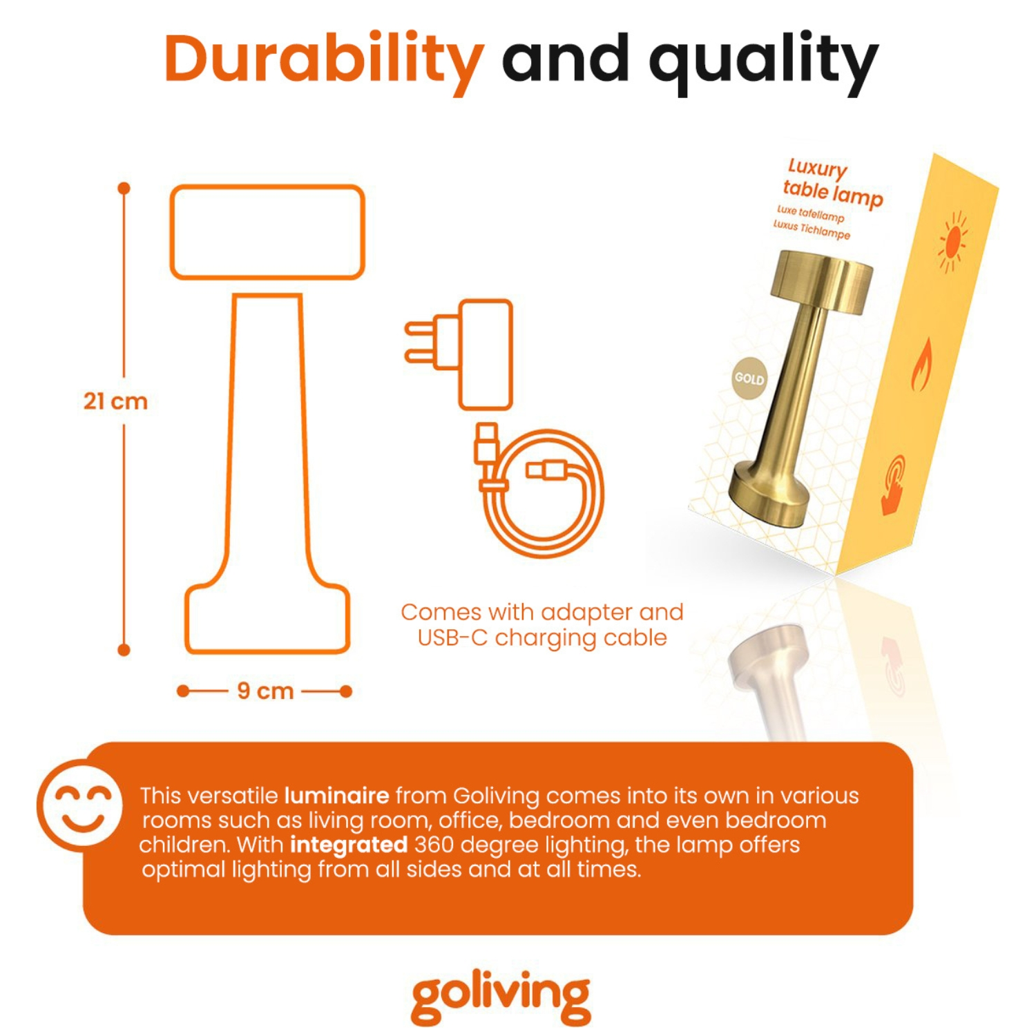 Diagram of a gold table lamp with dimensions and information on a card.