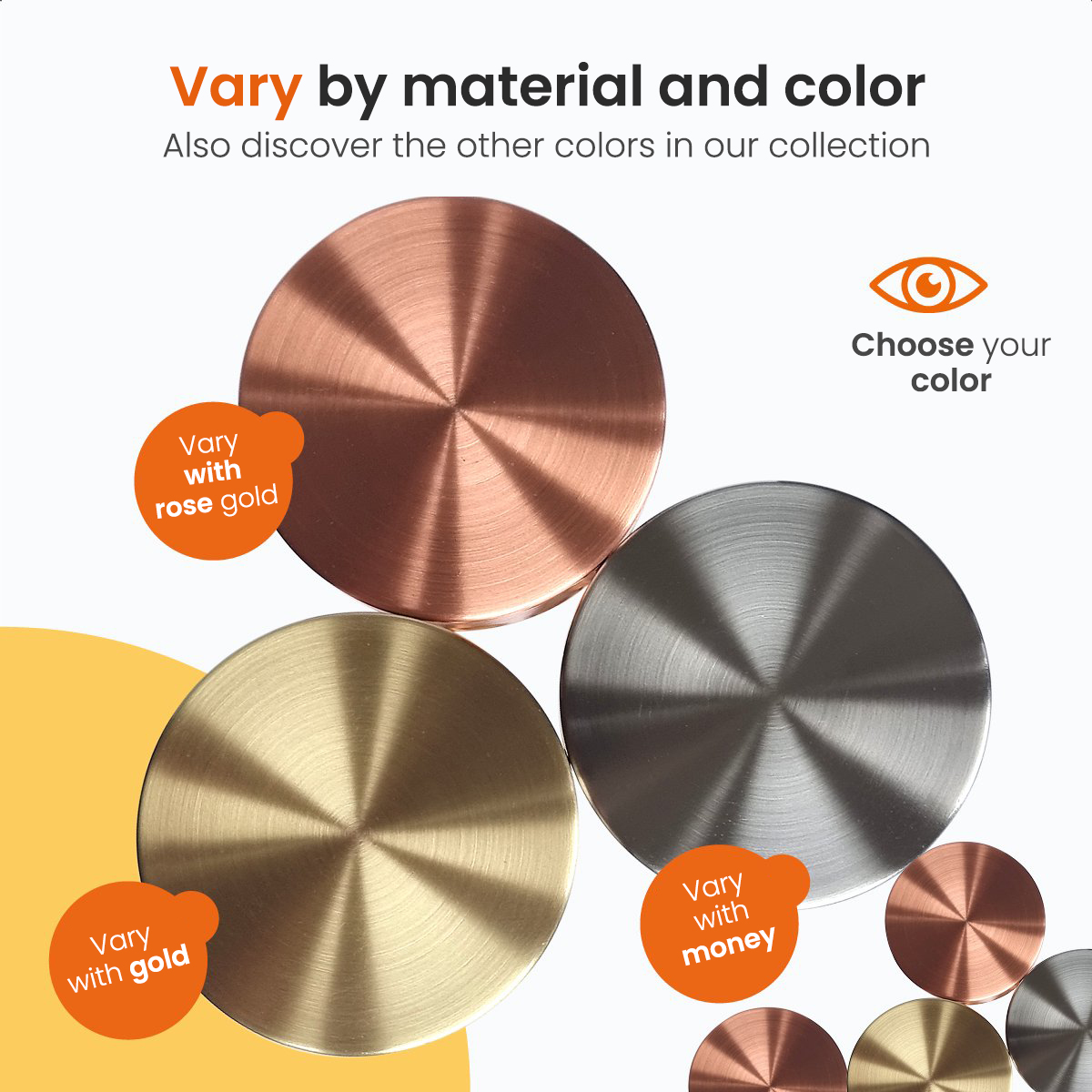Metal disks in rose gold, gold, and silver colors; text about color variations.