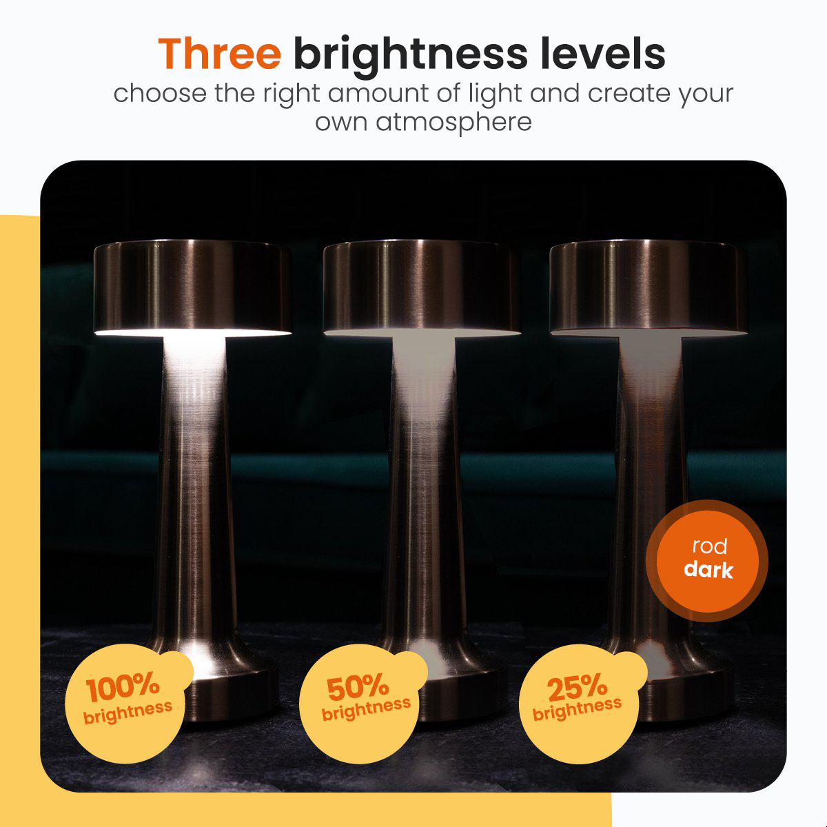 Three silver lamps with different brightness levels, on a black surface.