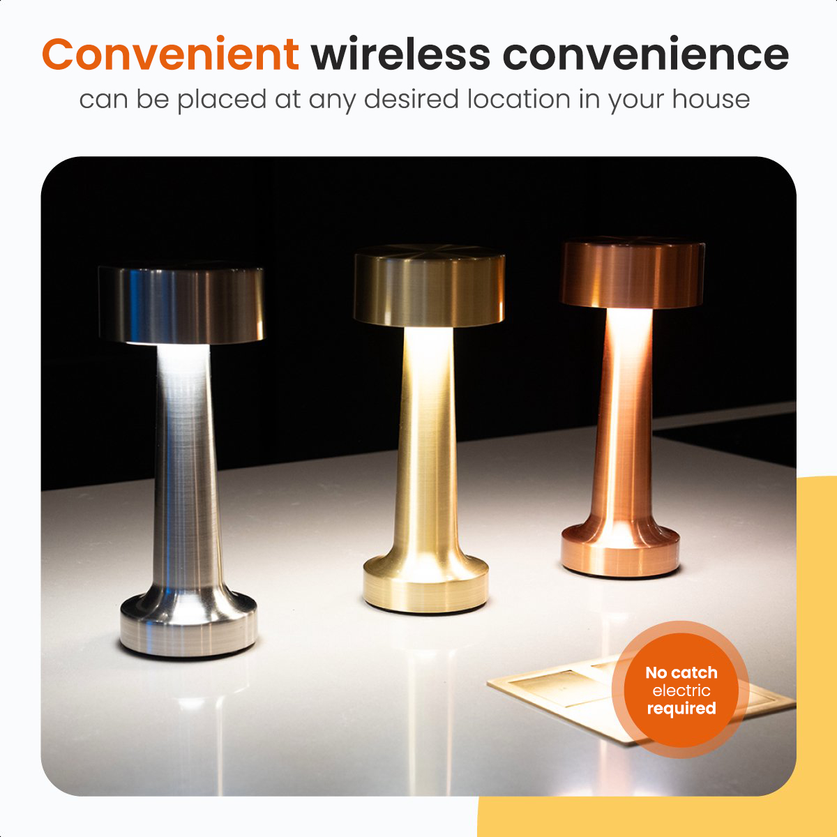 Three silver, gold, and copper-colored lamps with a card that says, No catch electric required.