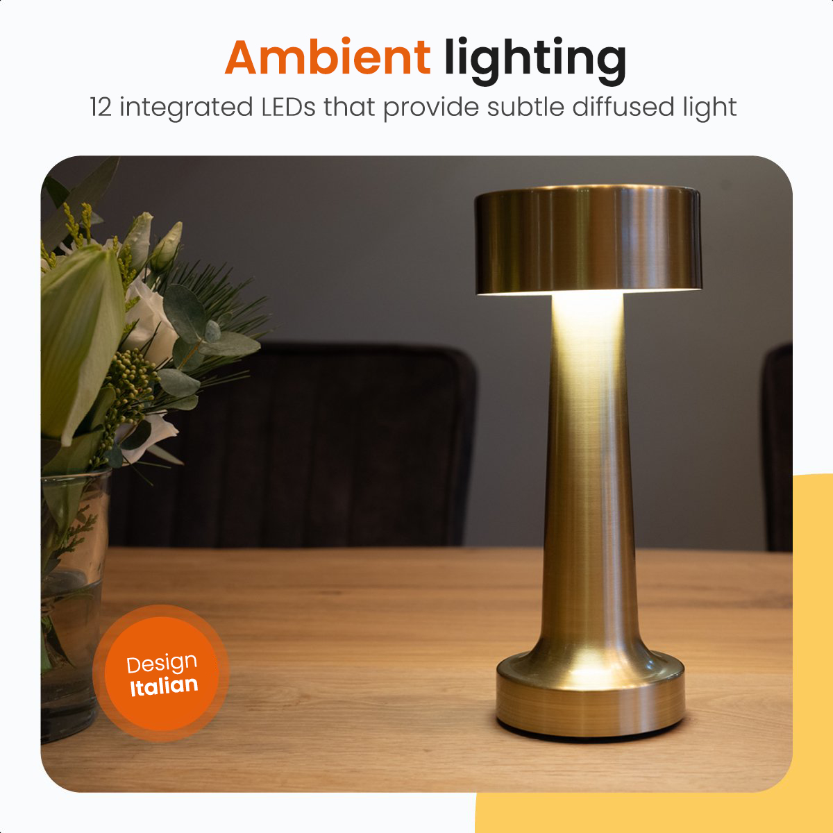 Golden table lamp with light shining upwards. Text: Ambient lighting, Design Italian.