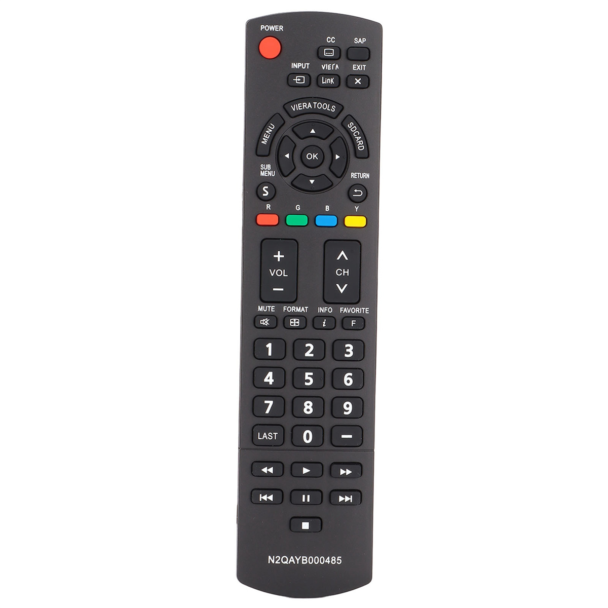 Schwarze TV-Fernbedienung mit mehreren Tasten auf weißer Oberfläche.