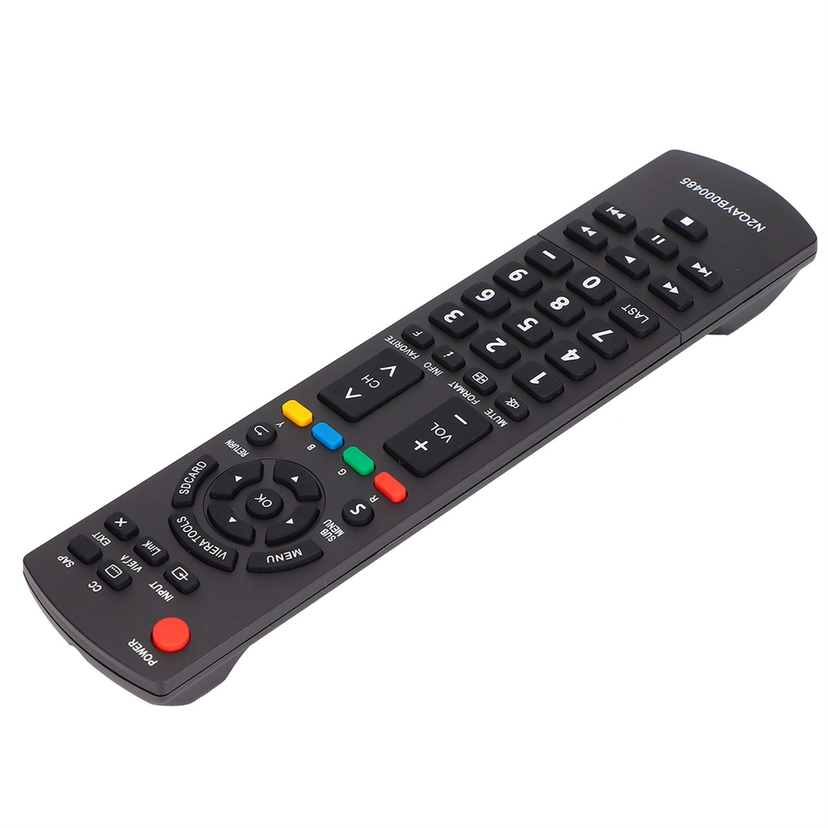 Eine schwarze Fernbedienung mit verschiedenen Tasten für TV-Funktionen, auf weißem Hintergrund.