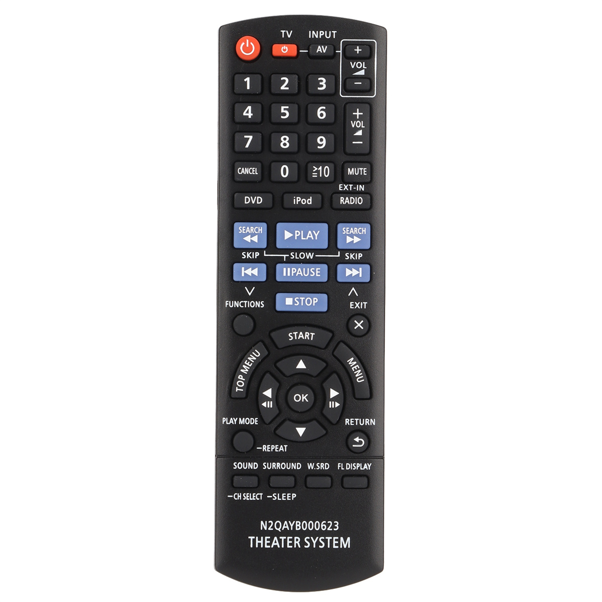 Schwarze Fernbedienung mit Tasten, Text: 'N2QAYB000623 THEATER SYSTEM'.