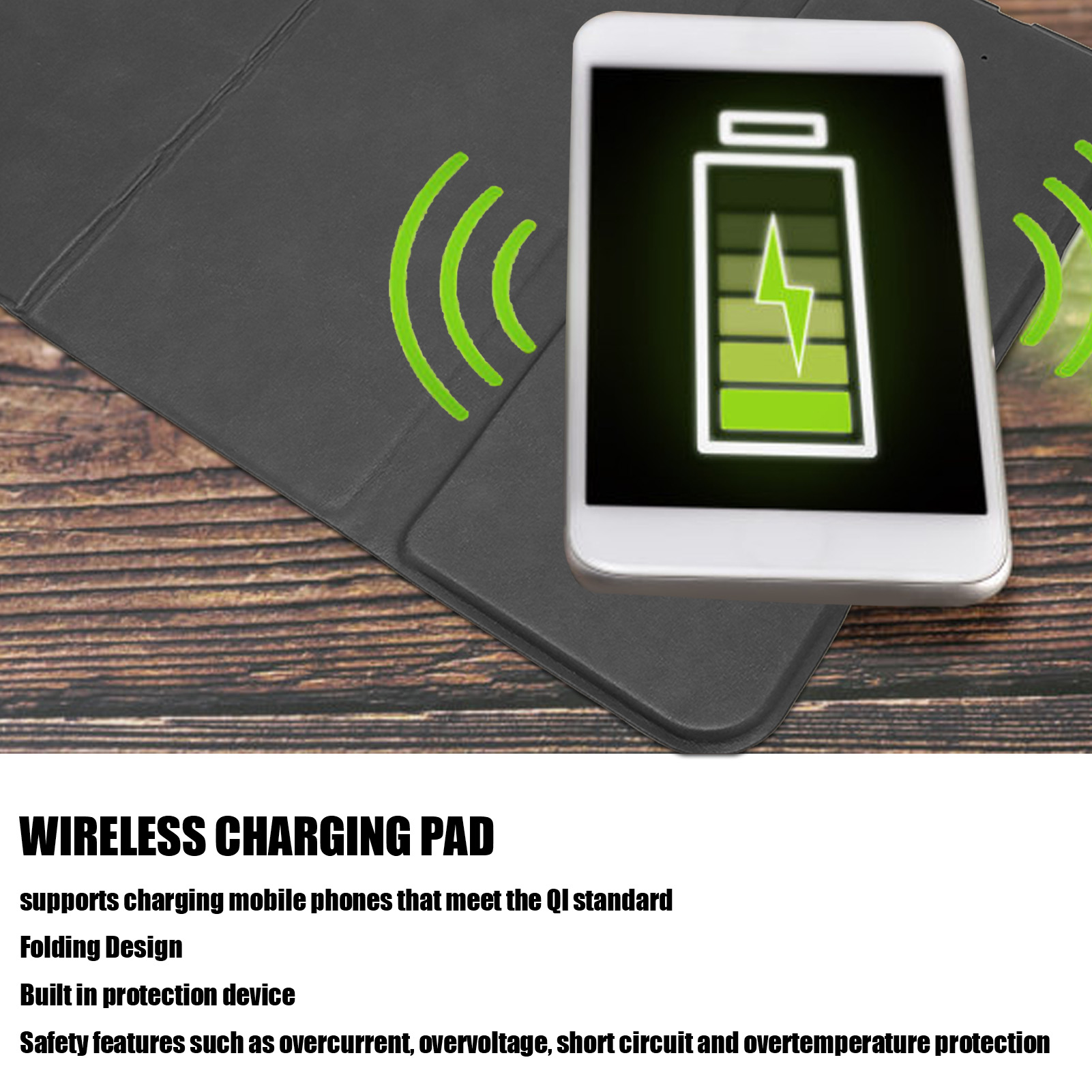 Kabelloses Ladepad mit Telefon, das ein Batteriesymbol anzeigt. Grüne Funksignale.