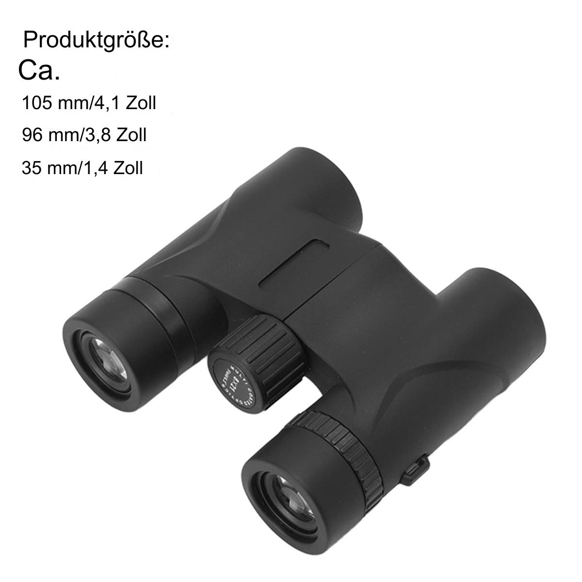 Schwarzes Fernglas, mit Produktgrößeninformationen oben aufgedruckt.