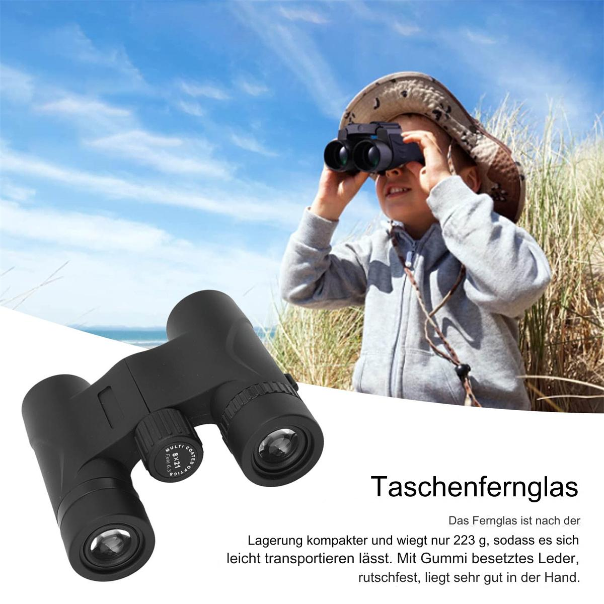 Ein Junge schaut durch ein Fernglas, Text über Ferngläser unten.