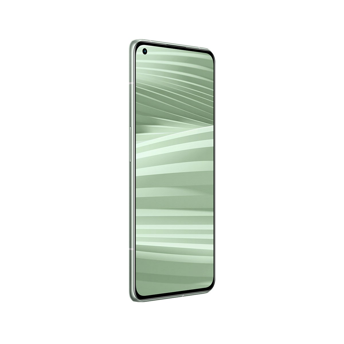 Ein grünes Smartphone wird im Profil gezeigt. Der Bildschirm zeigt ein weißes und grünes abstraktes Muster.