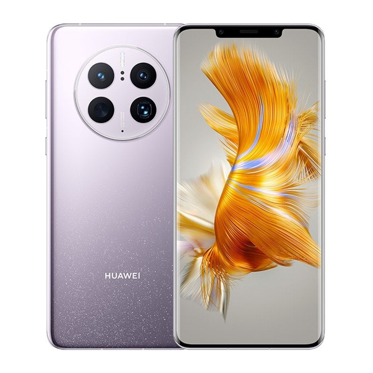 Un téléphone Huawei violet avec quatre caméras arrière. L'écran affiche une image artistique.
