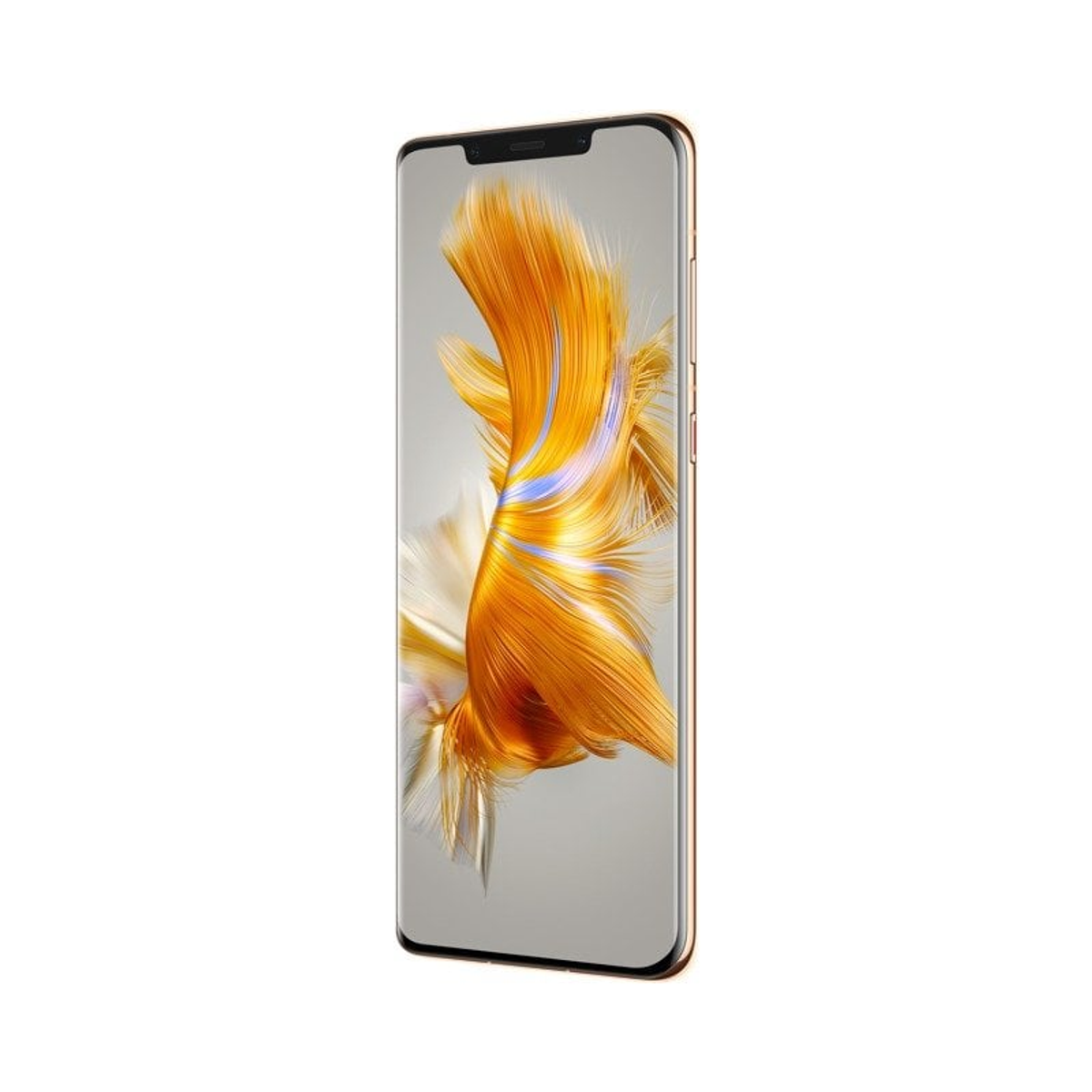 Smartphone cadre doré, affichant l'écran avec design jaune et blanc, fond blanc.
