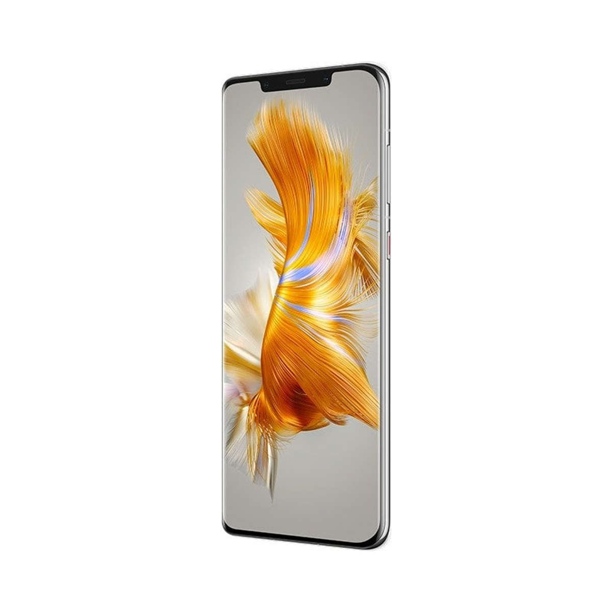 Un smartphone avec un écran incurvé affichant un design abstrait orange et blanc.