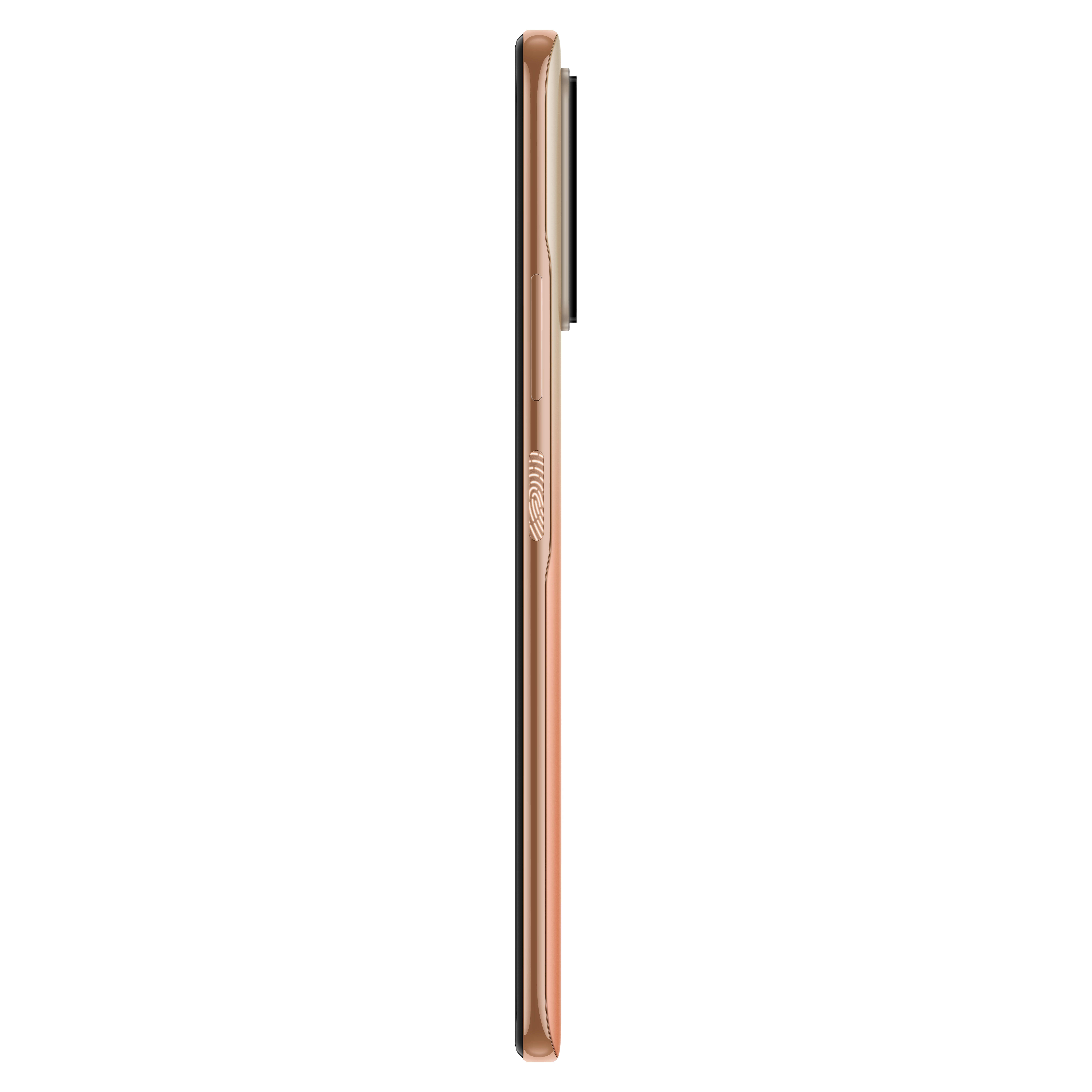 Seitenansicht eines goldenen Smartphones mit schwarzem Kameramodul und Fingerabdrucksensor.