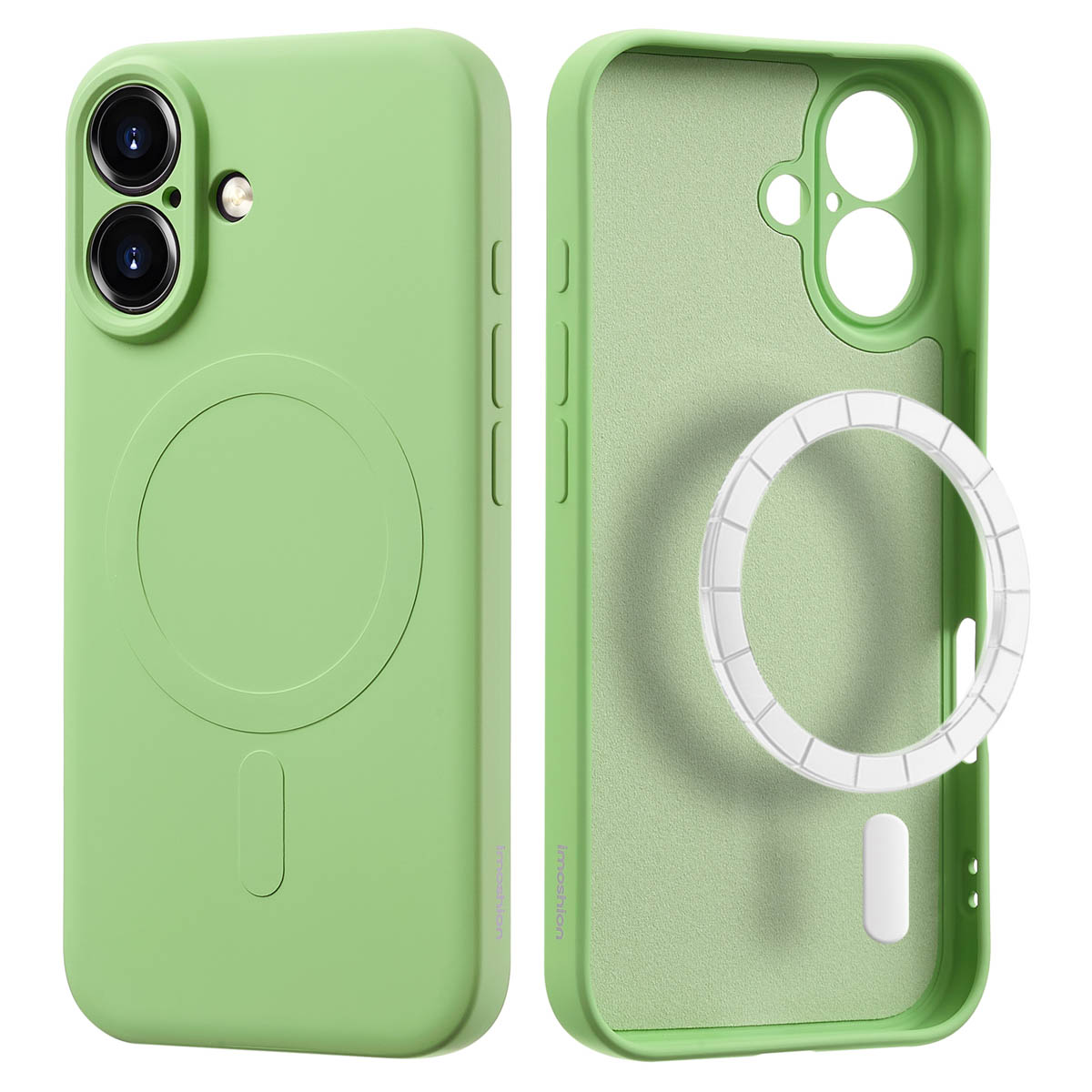 Coque de téléphone verte, avant et arrière, avec un anneau magnétique blanc.