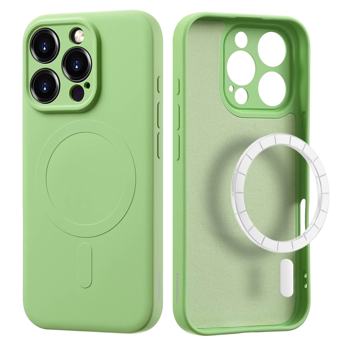Twee groene telefoonhoesjes. Een hoesje is open, de andere gesloten, met de cameraholes.