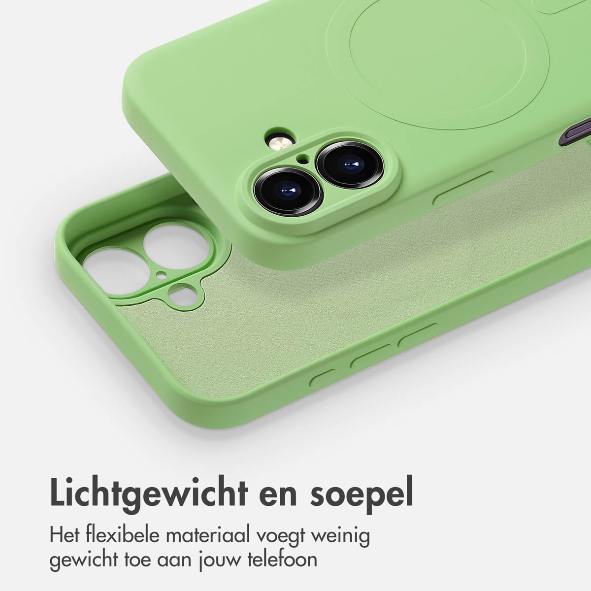 Coque de téléphone verte, ouverte pour montrer l'intérieur, avec texte : léger et souple.
