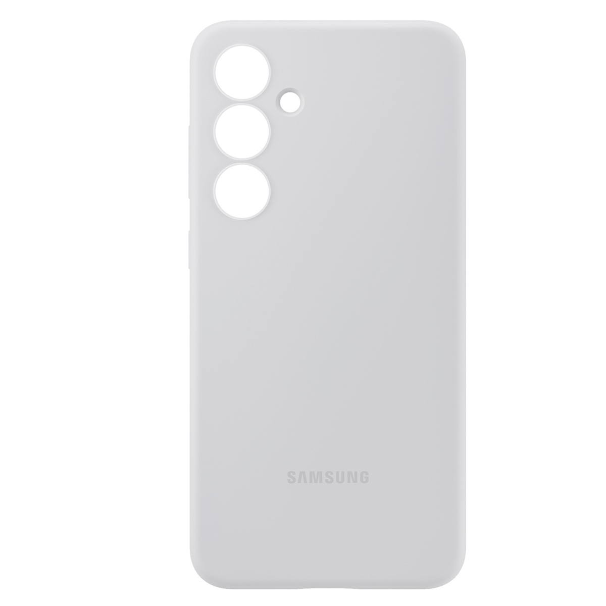 Jasnoszare etui na telefon z trzema otworami na aparat i logo Samsung.